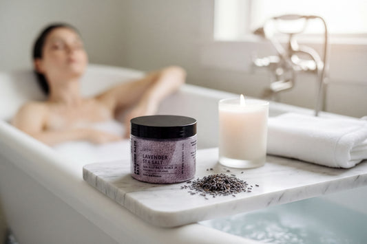 A jar of lavender bath salt surrounded by scattered lavender petals on a white background.