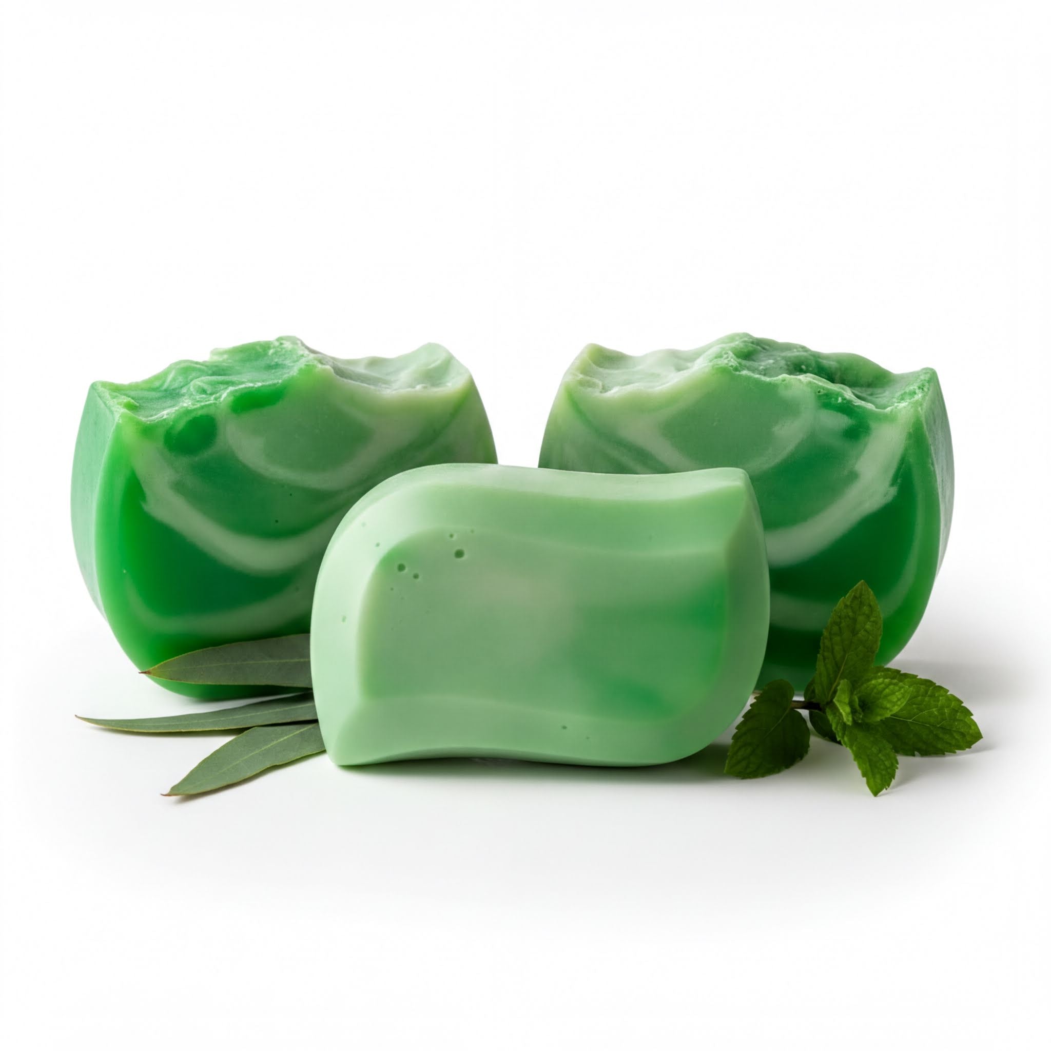 three green soap bars with leaves and a sprig of mint, arranged on a white background.
