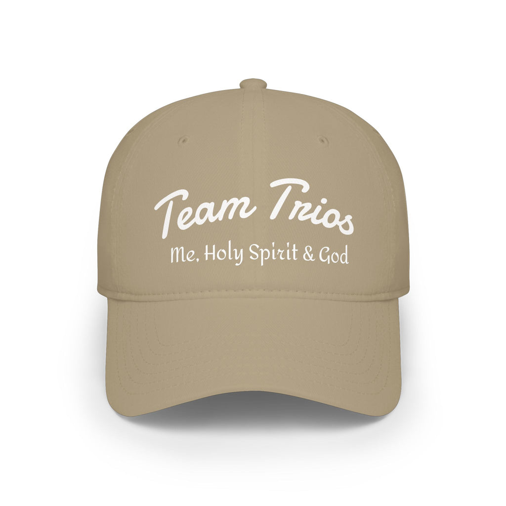 Tan baseball cap with 'Team Trios Me, Holy Spirit & God' text in white script