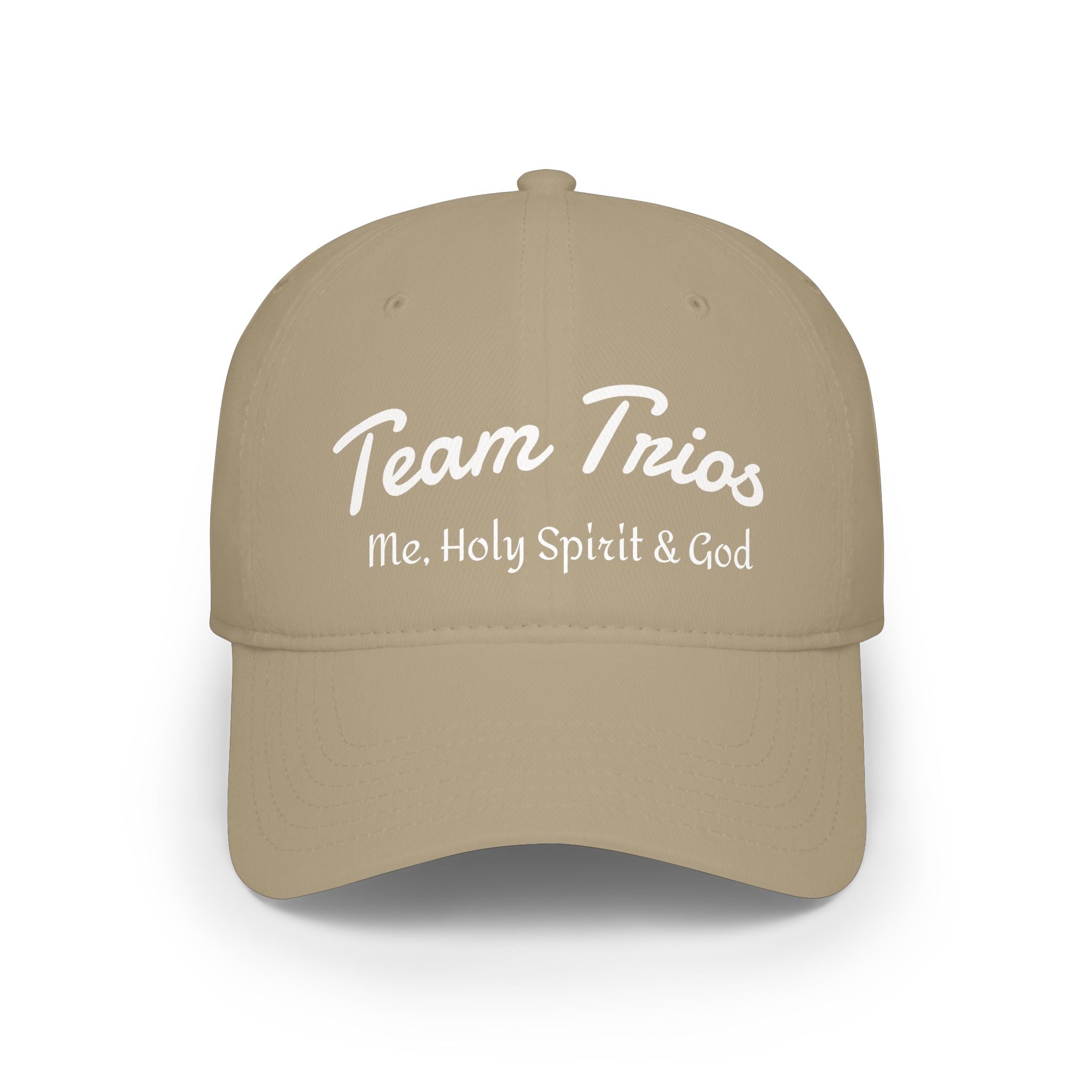 Tan baseball cap with 'Team Trios Me, Holy Spirit & God' text in white script