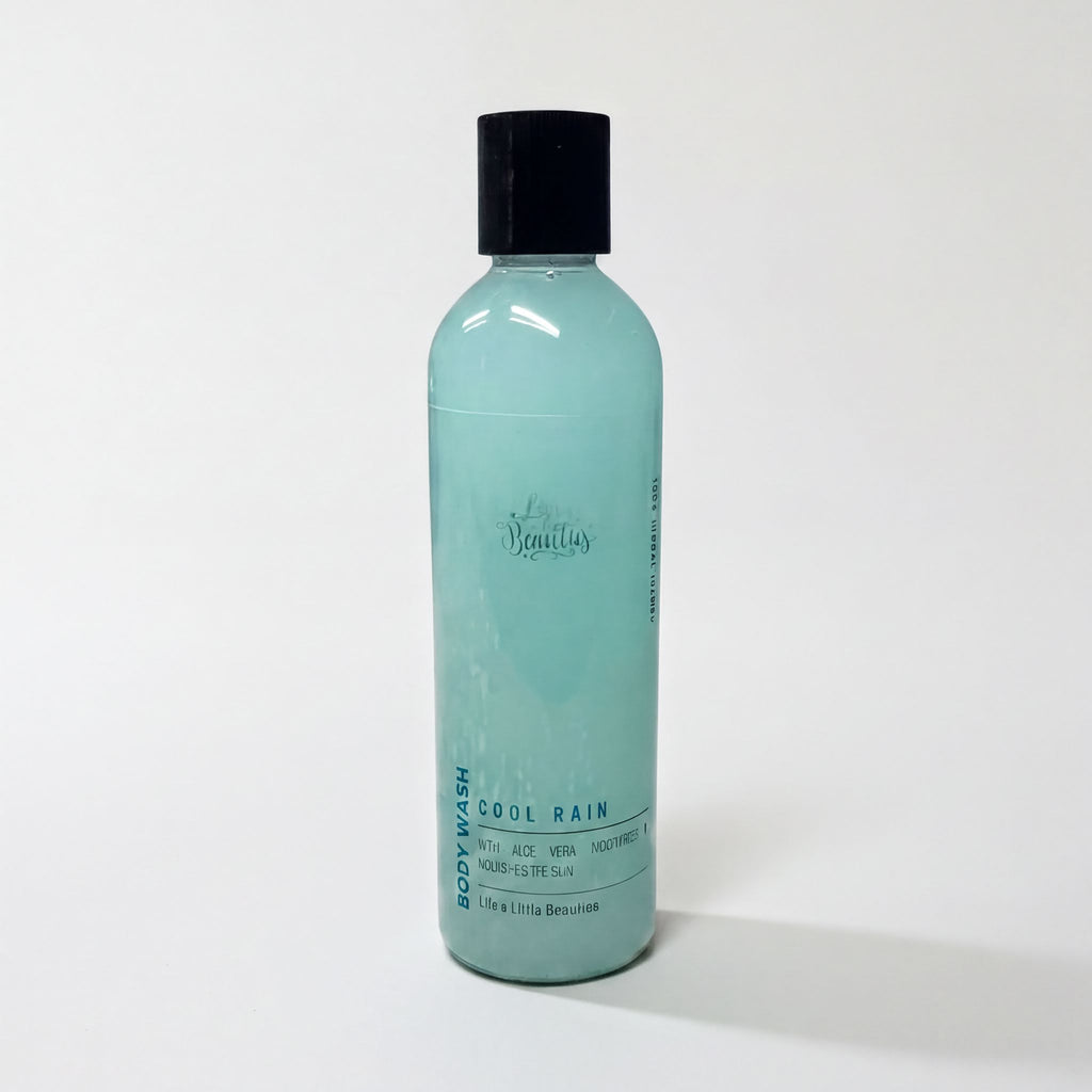 A bottle of body wash with a turquoise color and a black cap, labeled as "Cool Pain".