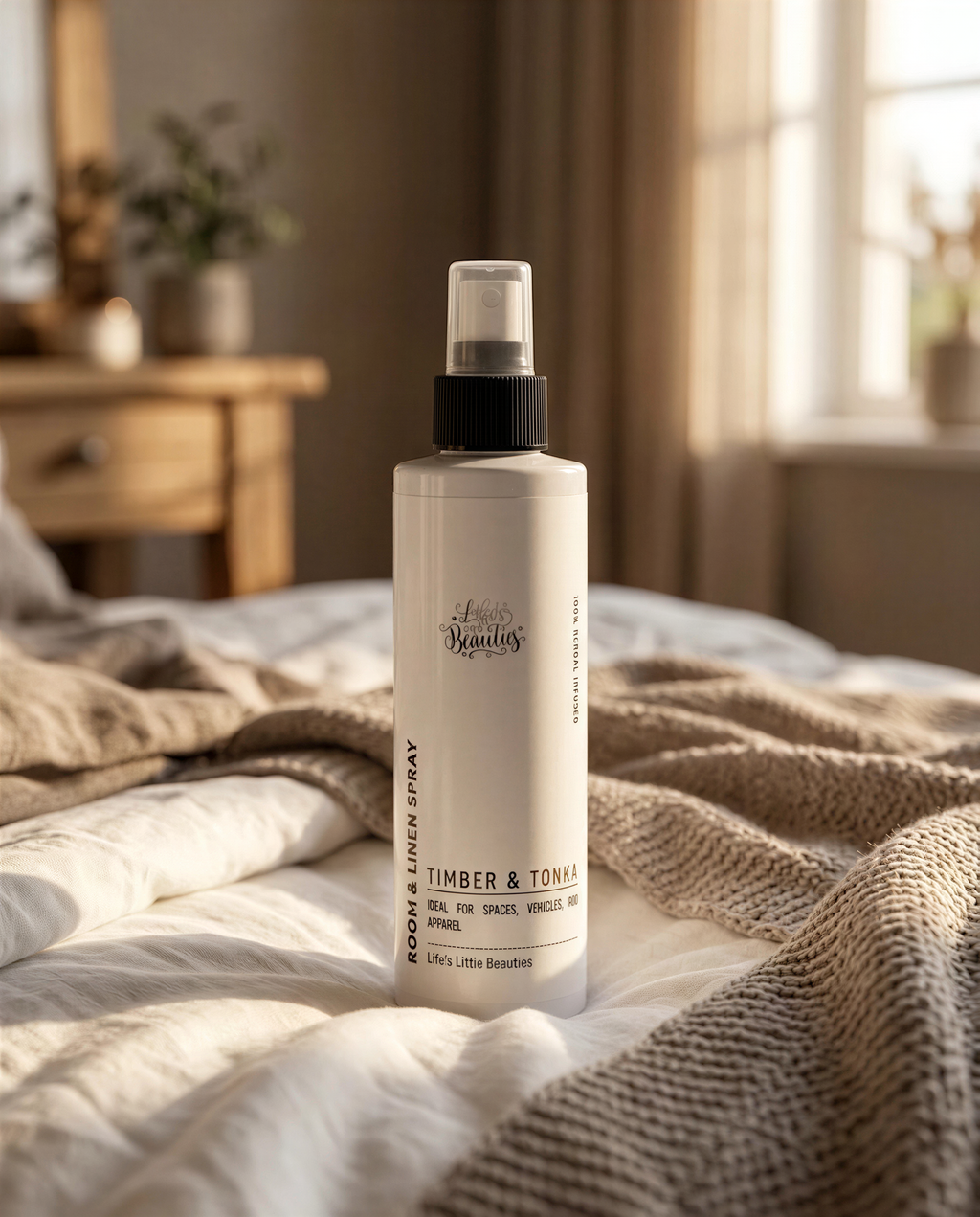 A bottle of "Room Linen Spray" by "Little Beauties" sits on a bed with a beige blanket, surrounded by other items such as a potted plant and a wooden nightstand.