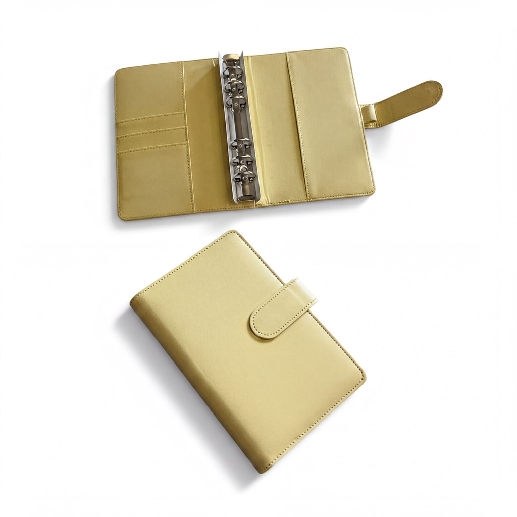 two leather wallets or purses, one open and the other closed, both in a tan color.
