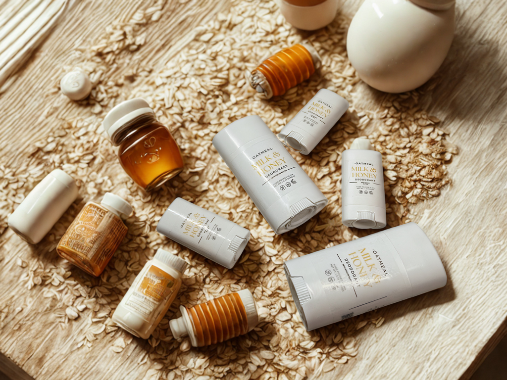 various personal care products, including deodorants, lotions, and a jar of honey, arranged on a wooden surface.