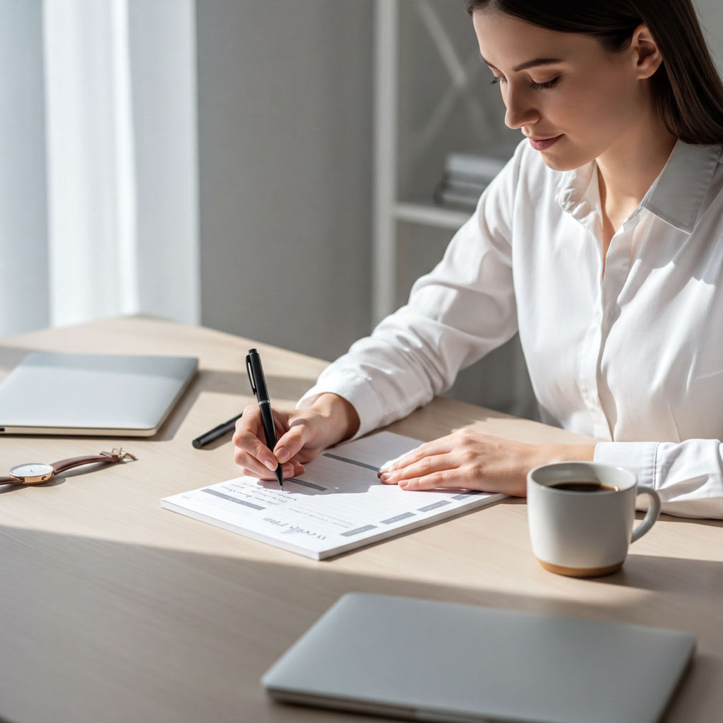 A woman in a white shirt is sitting at a desk, writing on a piece of paper with a pen. There are two laptops and a coffee cup on the desk, suggesting a workspace or office setting.