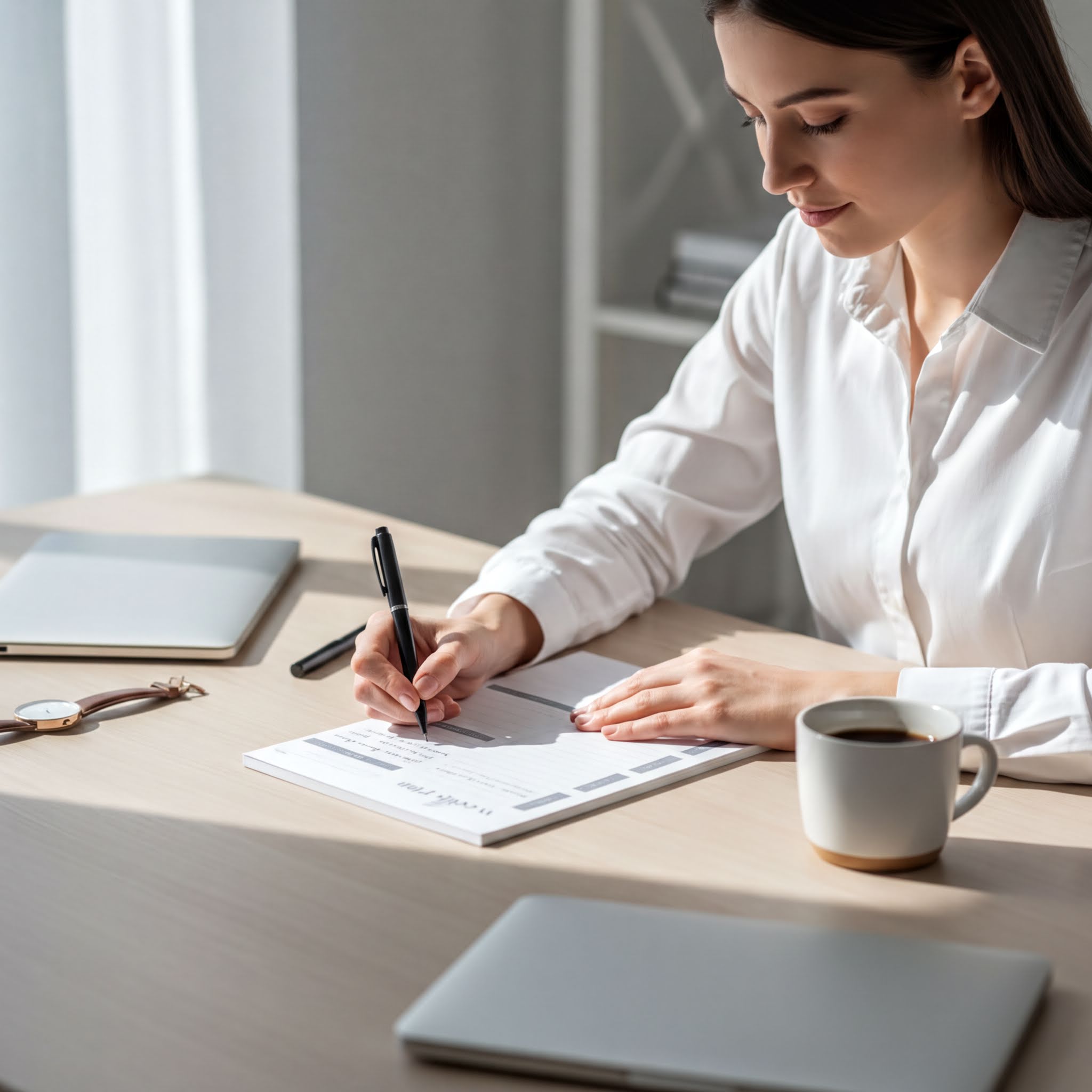A woman in a white shirt is sitting at a desk, writing on a piece of paper with a pen. There are two laptops and a coffee cup on the desk, suggesting a workspace or office setting.