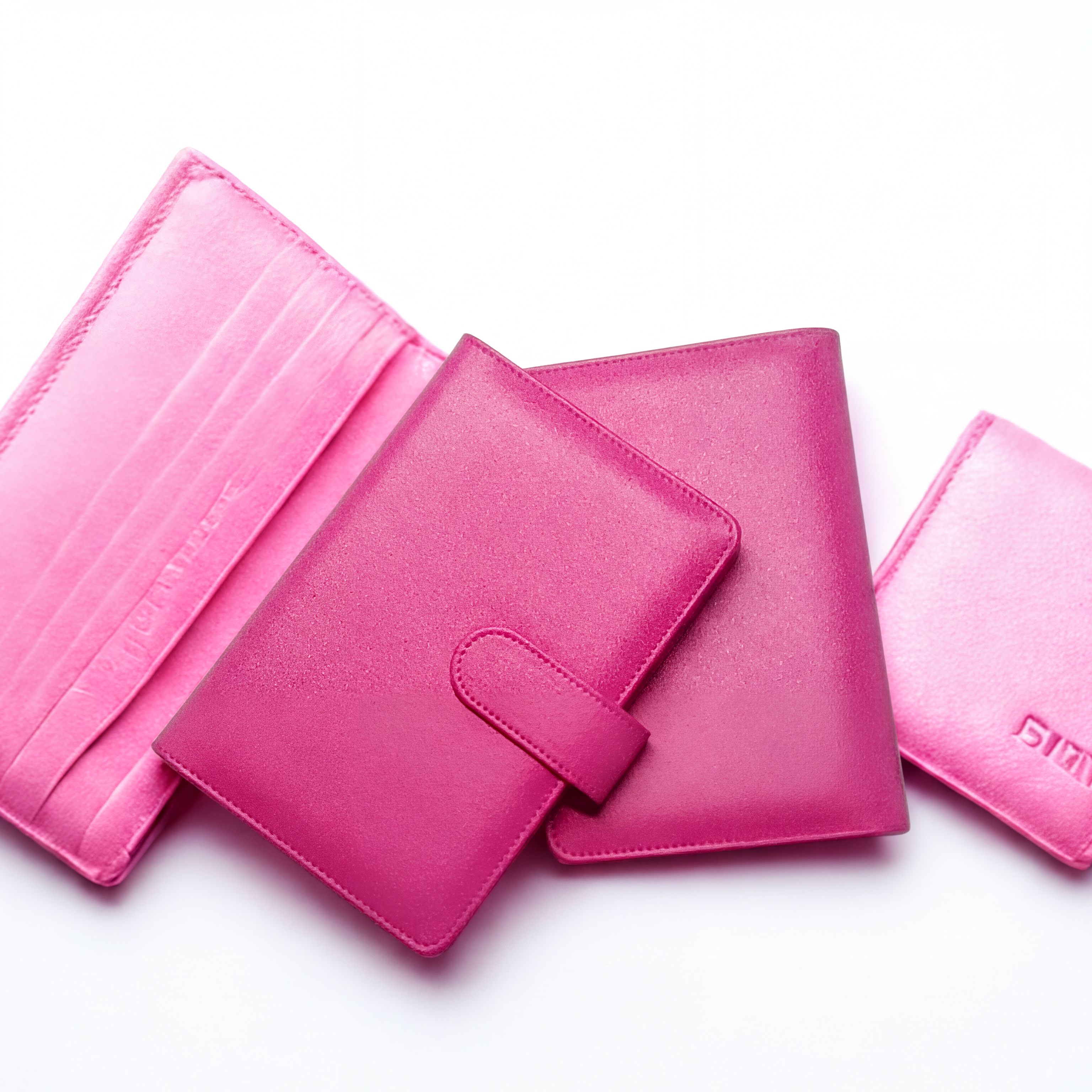 Pink leather wallets with card slots and snap closure on white background