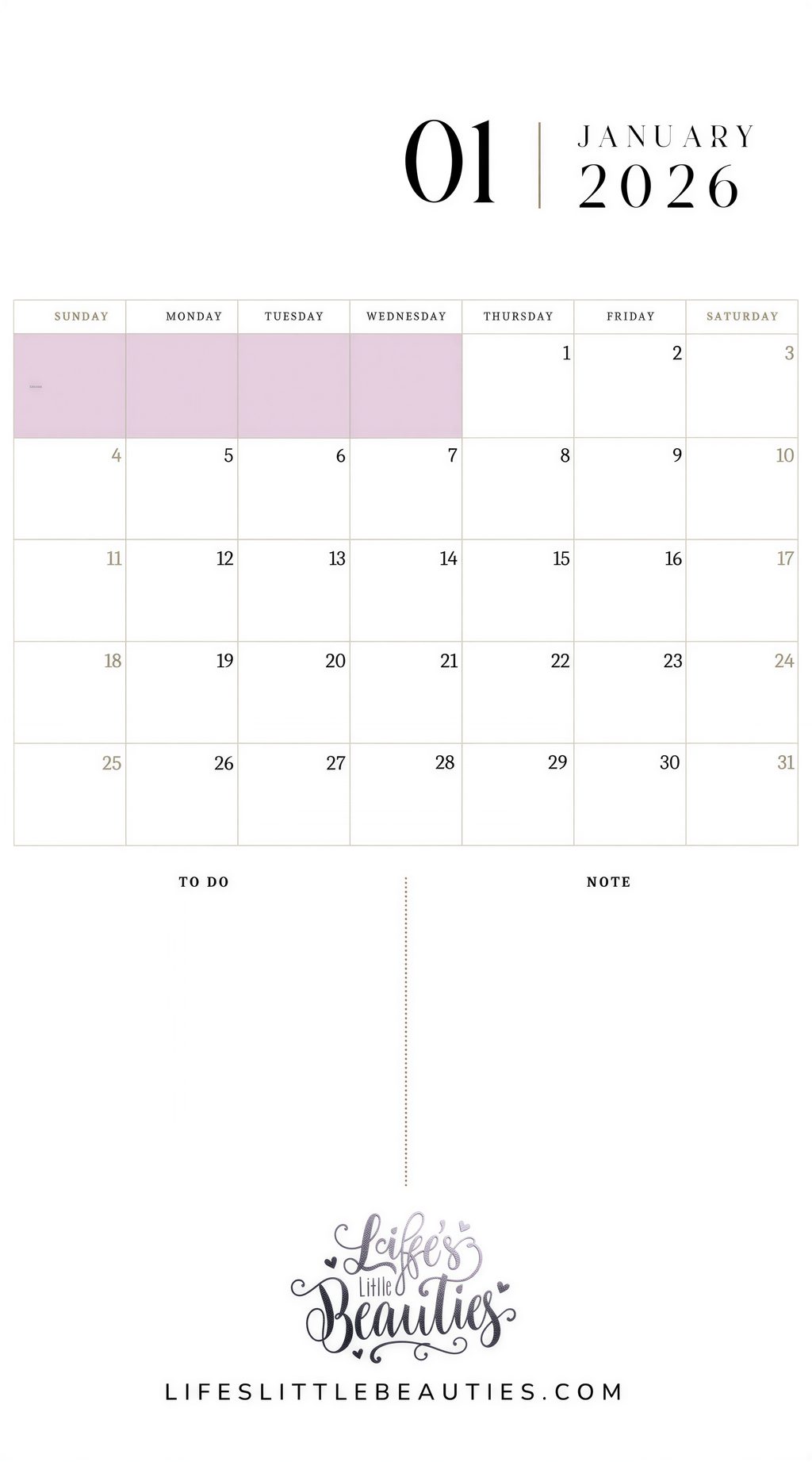 The image is a calendar for January of the year 2026. It shows the days of the week and the dates for each day.