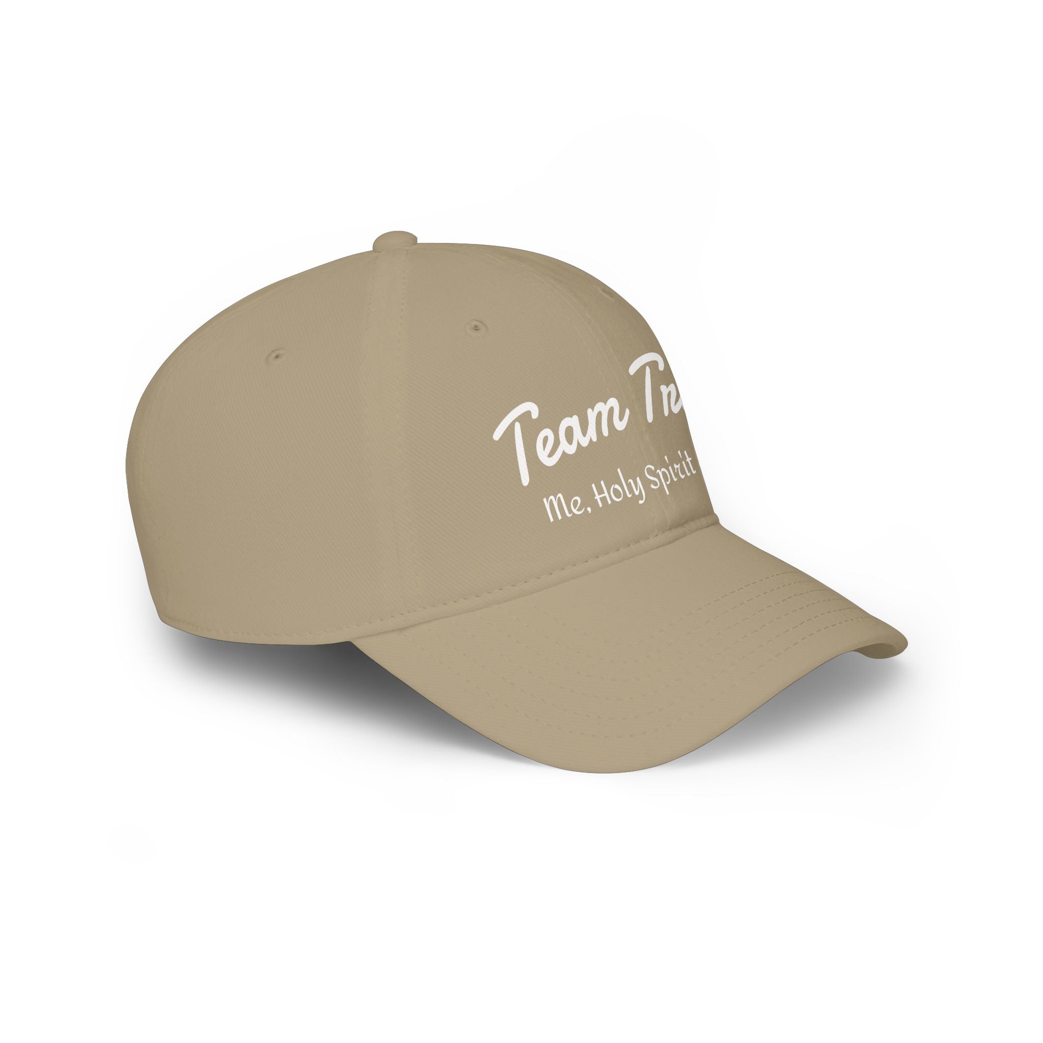 Tan baseball cap with 'Team Trinity: Me, Holy Spirit' text in white script