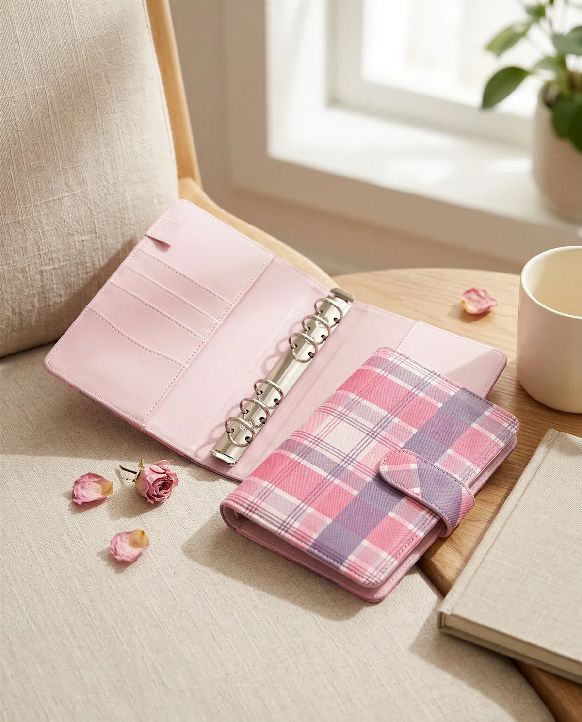 A pink and purple plaid wallet and a pink and purple floral notebook are placed on a wooden surface, with a white mug and a potted plant in the background.