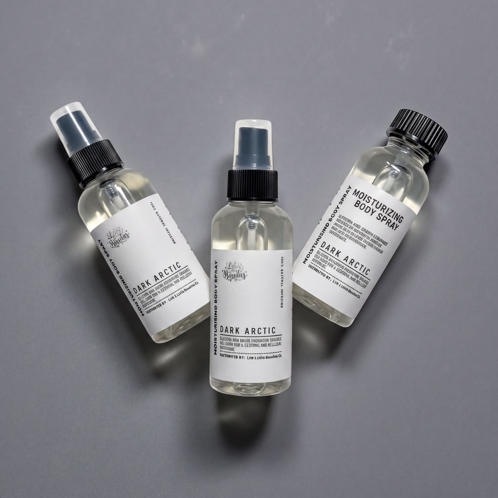 Three bottles of dark arctic body spray are arranged on a gray background.