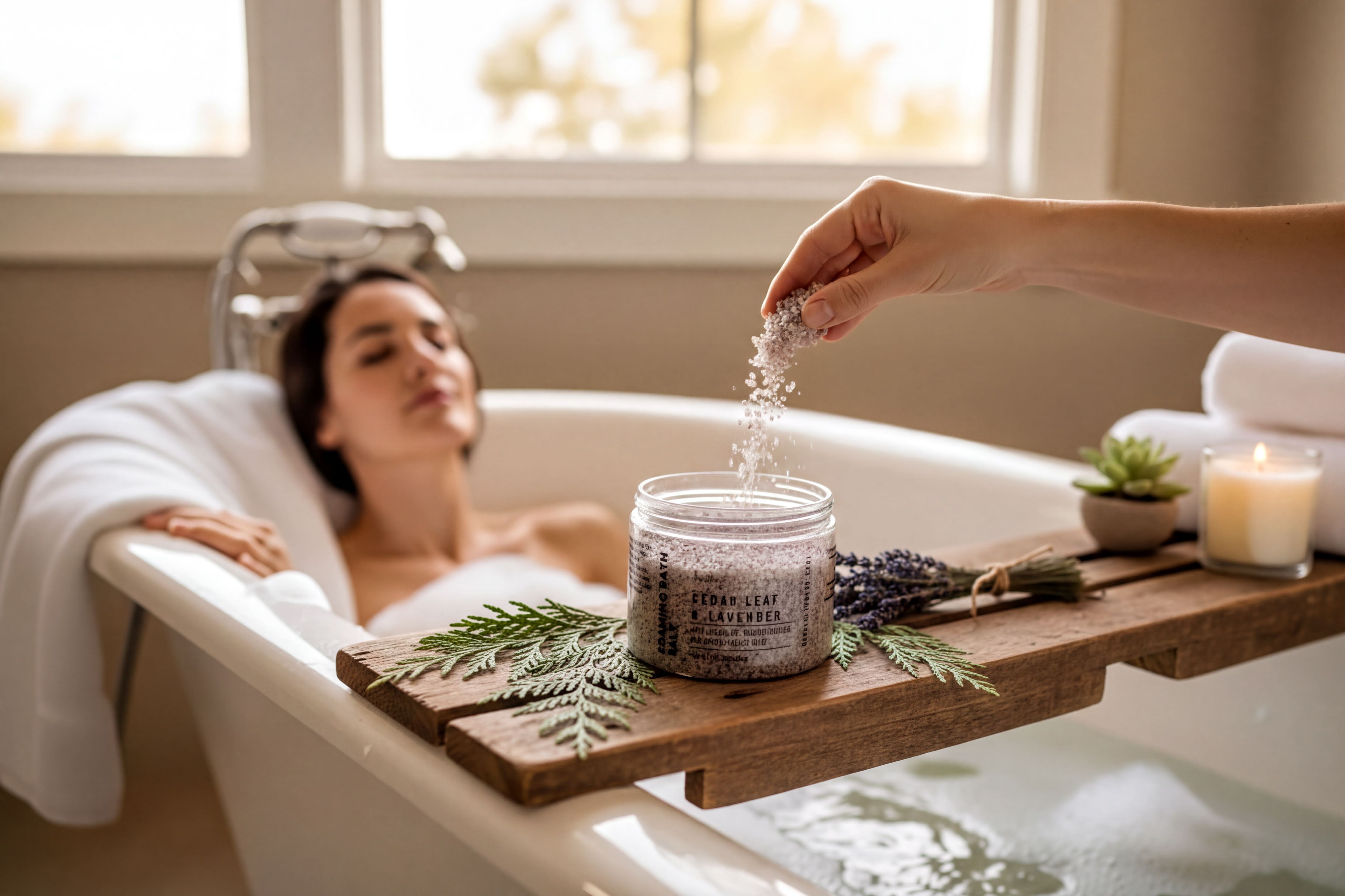 A person relaxing in a bathtub, surrounded by a wooden tray with a jar of bath salt, a candle, and some greenery.