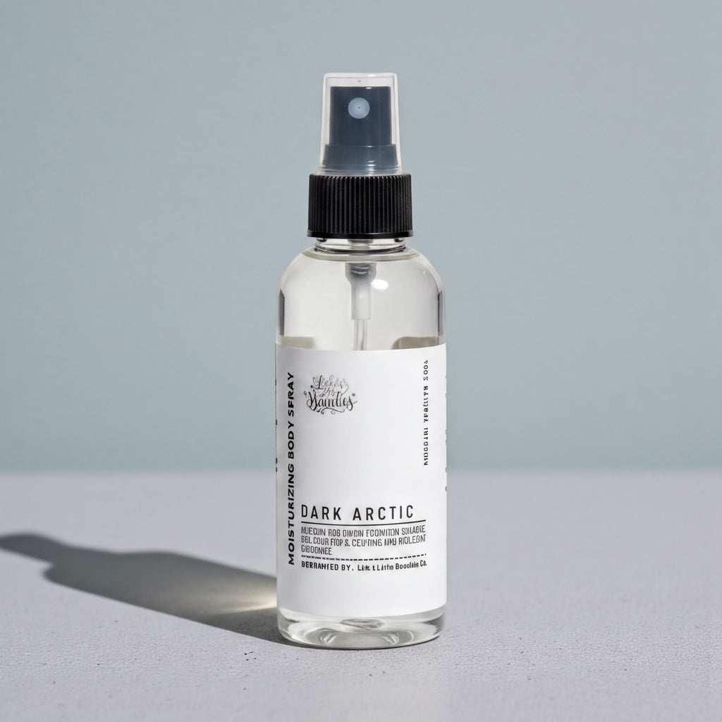 A bottle of "Dark Arctic" body spray with a black cap and a clear pump bottle, standing on a gray surface against a light blue background.