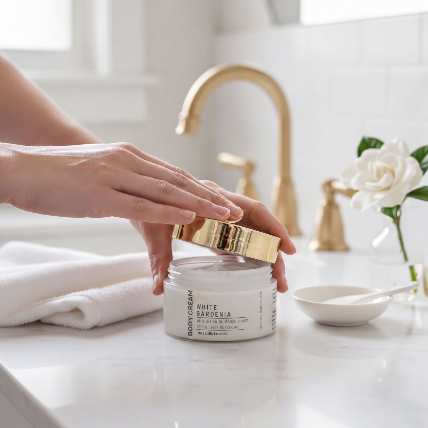 A person's hands are shown applying a white cream to their face, with a jar of the cream and a small bowl of the cream in the background.