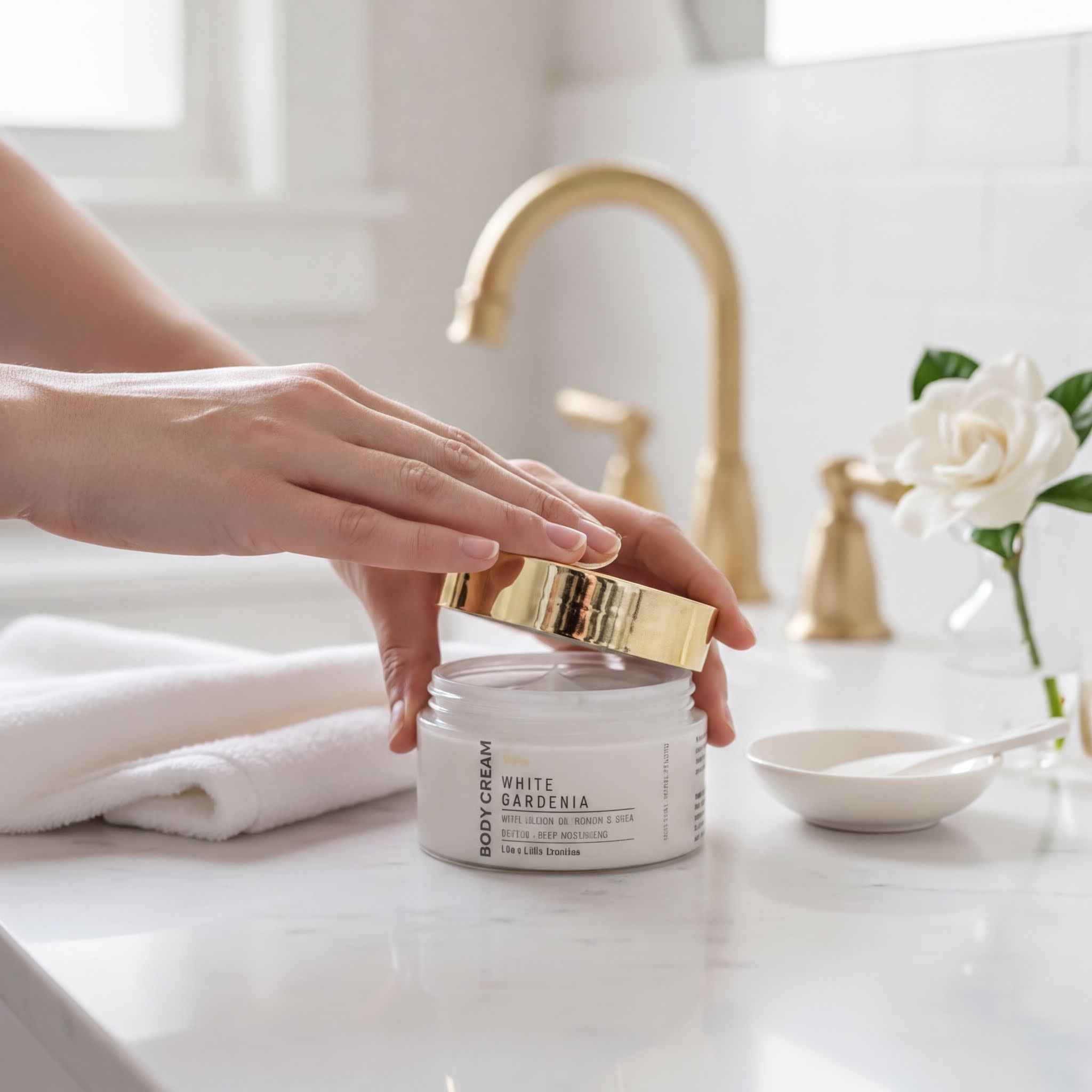 A person's hands are shown applying a white cream to their face, with a jar of the cream and a small bowl of the cream in the background.