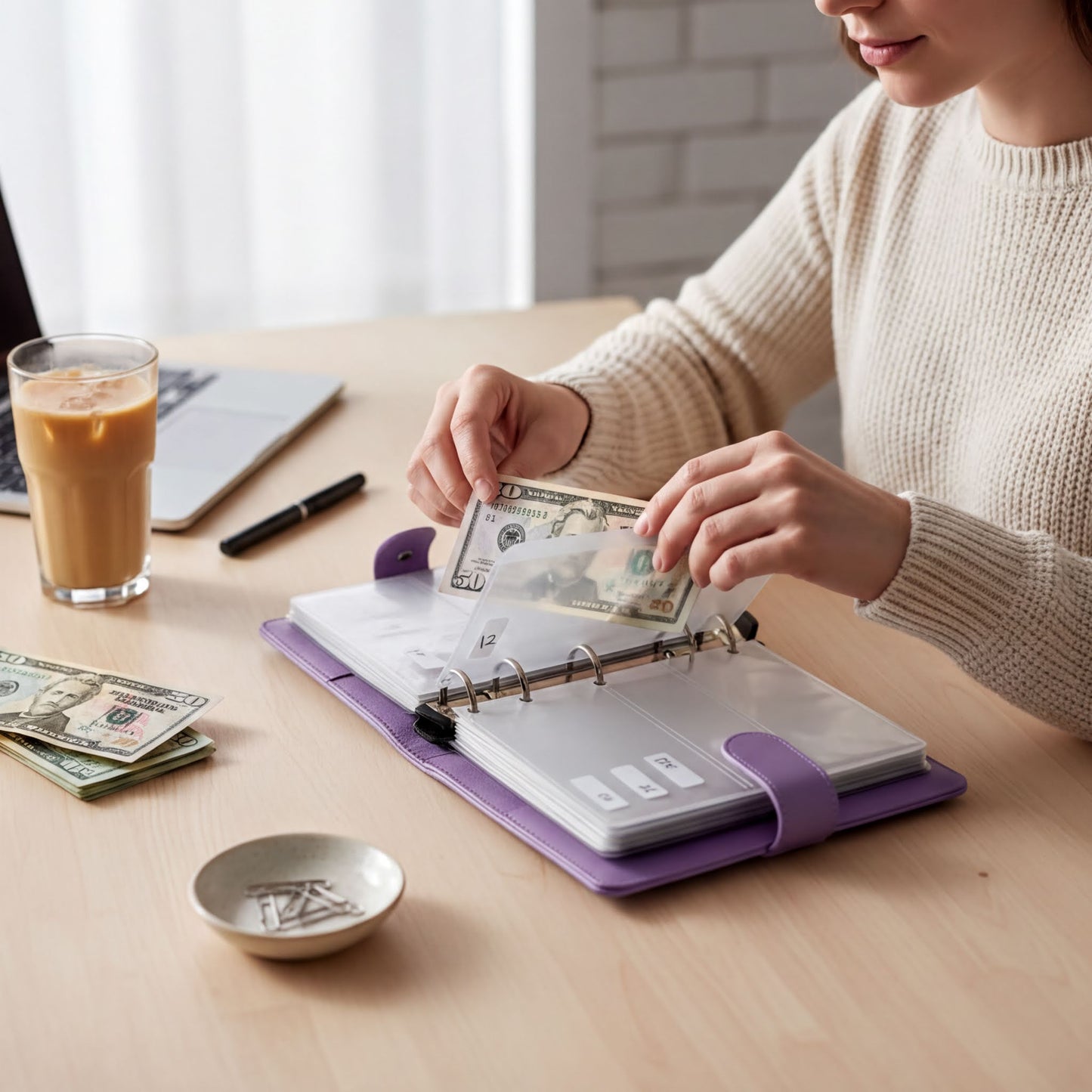 A person is sitting at a desk, opening a purple binder and counting US dollar bills.