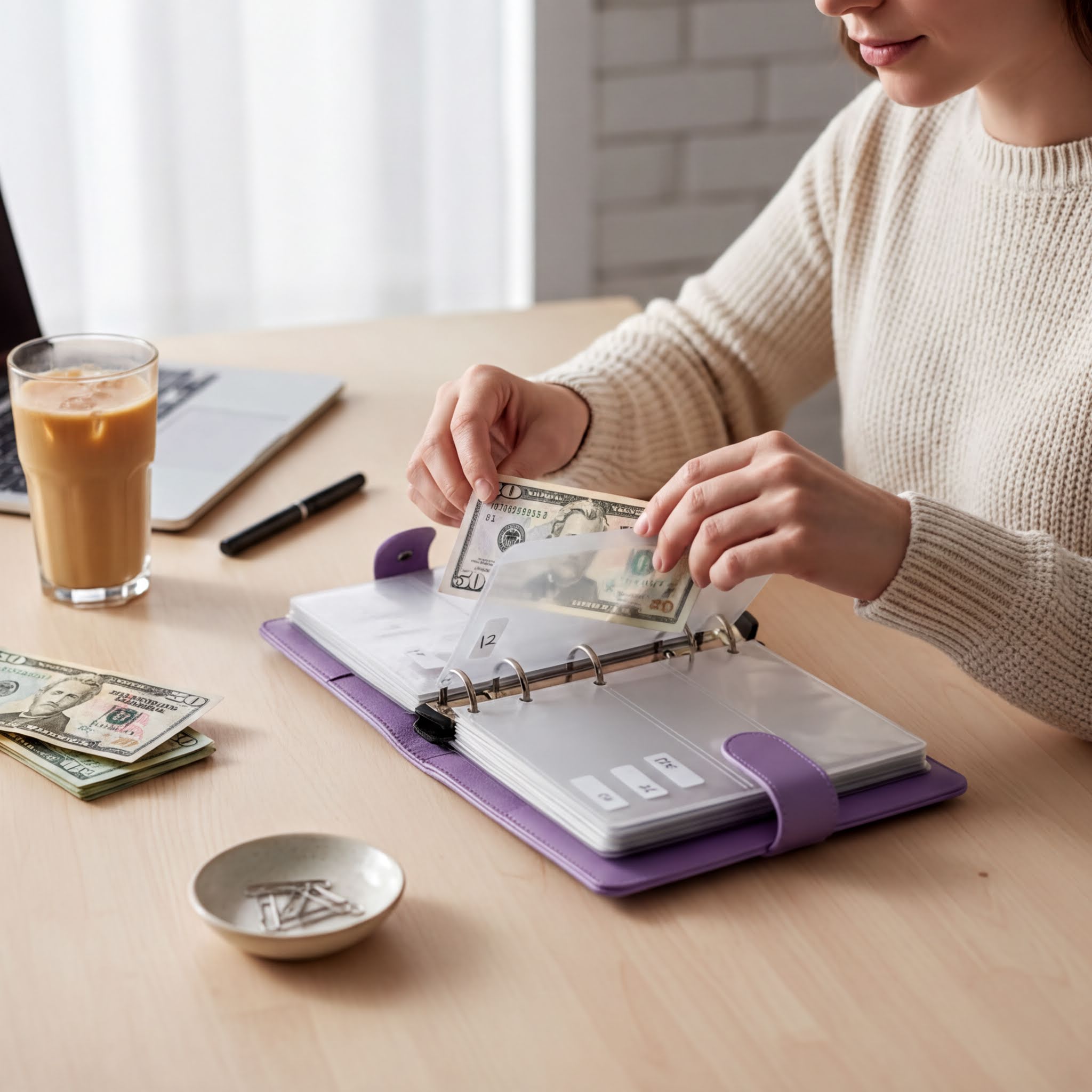 A person is sitting at a desk, opening a purple binder and counting US dollar bills.