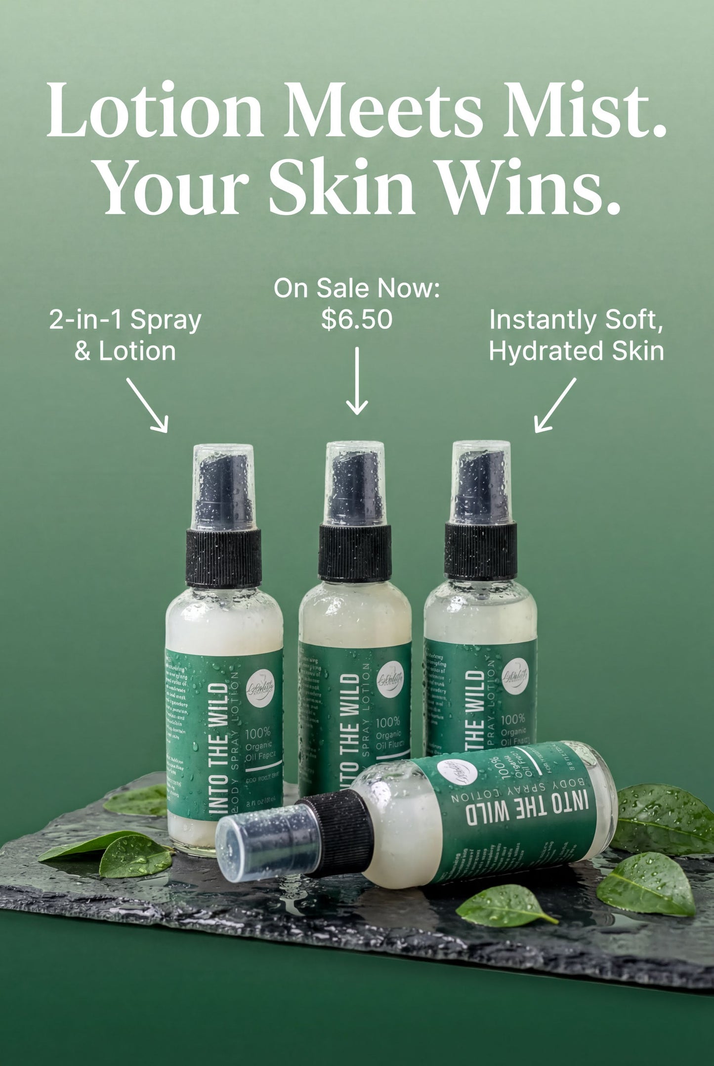 three bottles of lotion and lotion spray, with a green background and some leaves on a black surface.