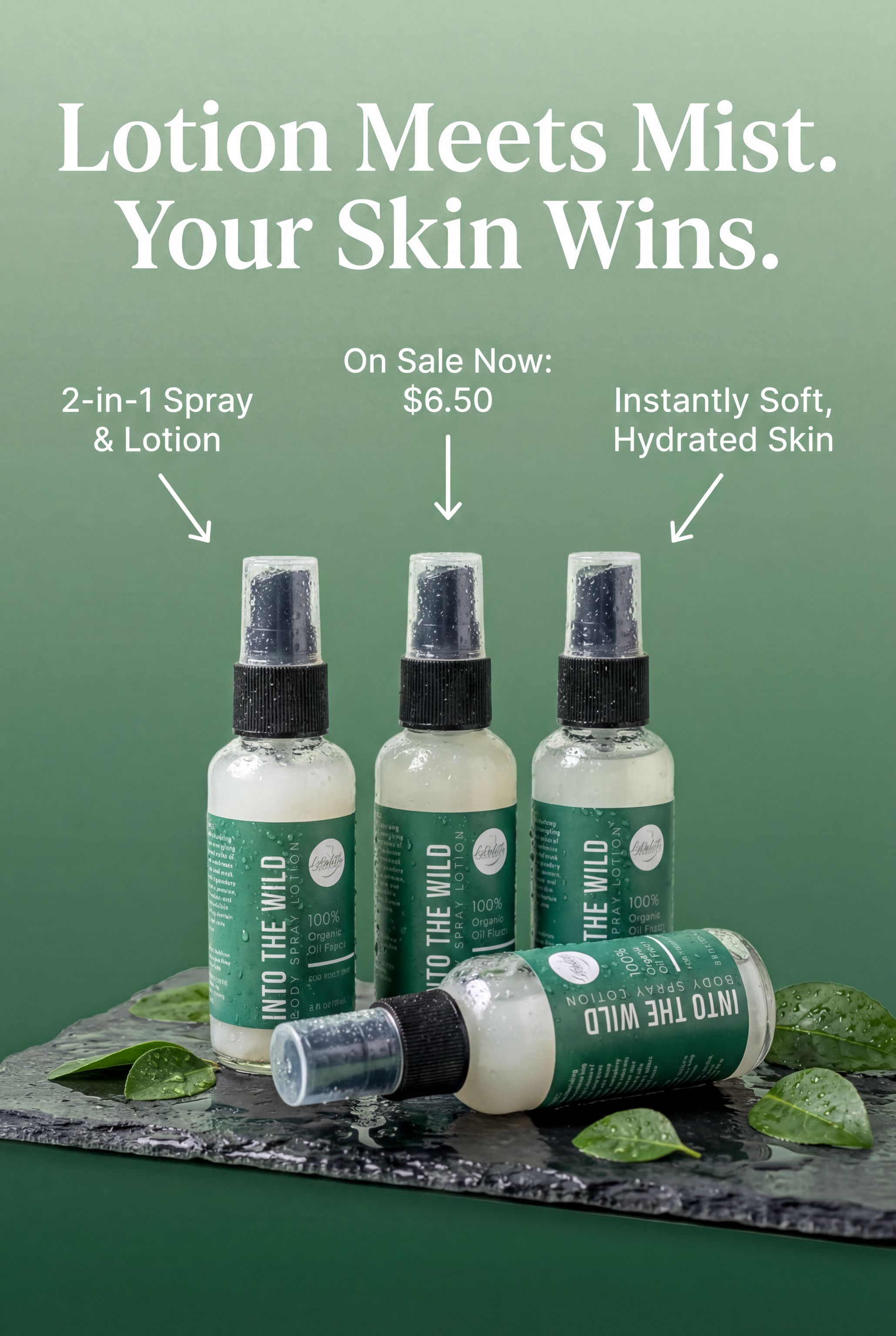 three bottles of lotion and lotion spray, with a green background and some leaves on a black surface.