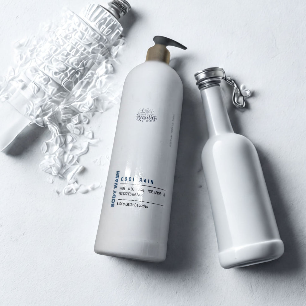 two white bottles of body wash, one larger and one smaller, placed on a white surface.