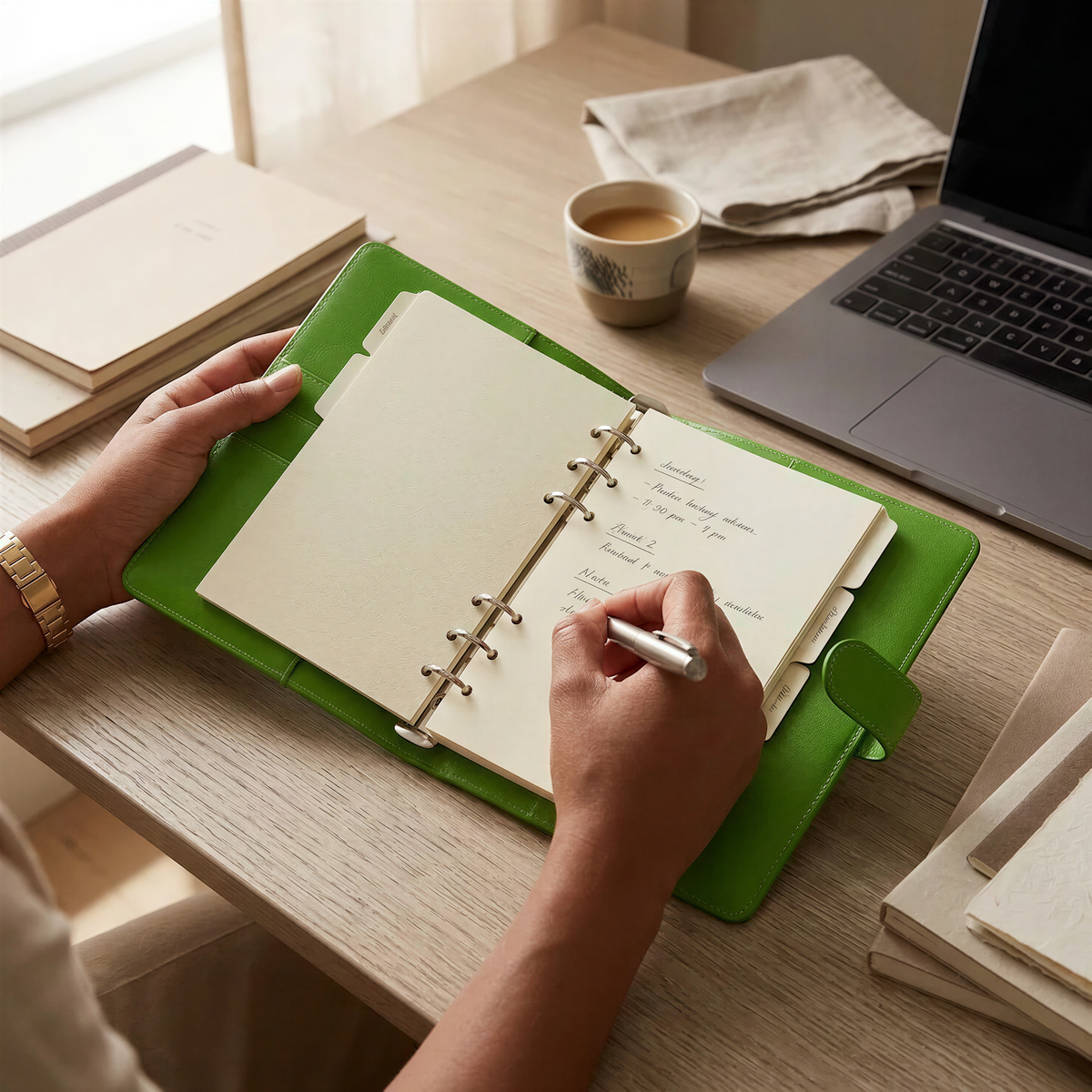 A person's hands are seen writing in a green notebook on a wooden desk, with a laptop and a cup of coffee nearby.