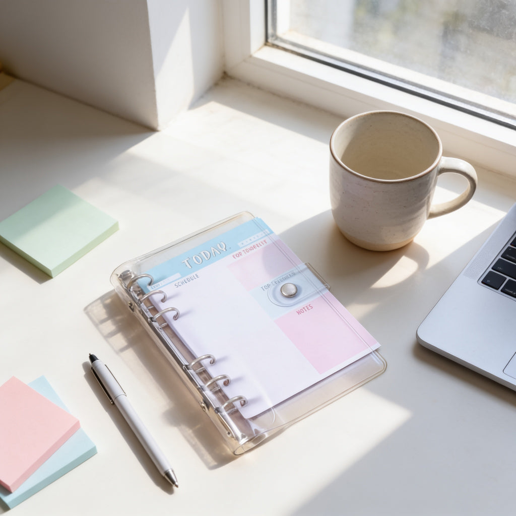 a desk with various items, including a notebook, a pen, a laptop, a mug, and some sticky notes.