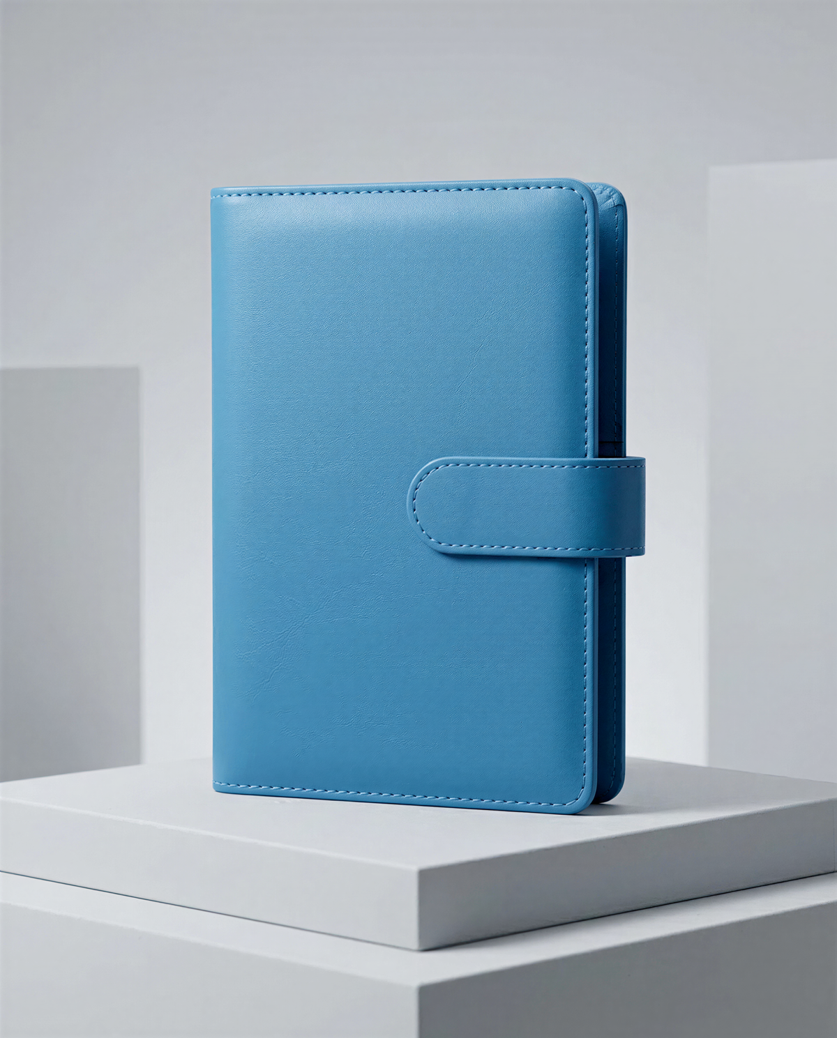 A blue leather wallet or card holder is displayed on a white pedestal against a plain background.