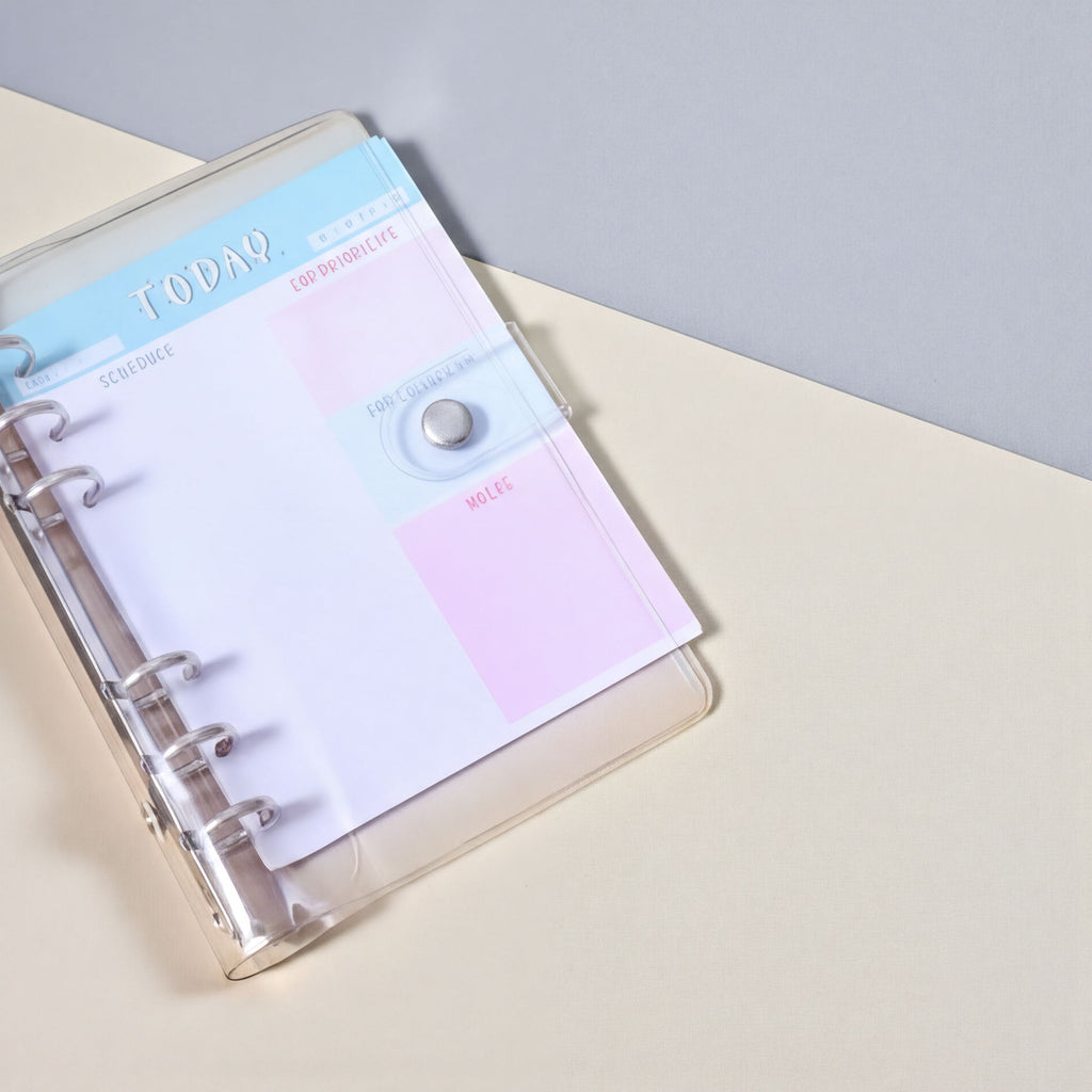 A clear plastic organizer with a pink and blue design sits on a light-colored surface.