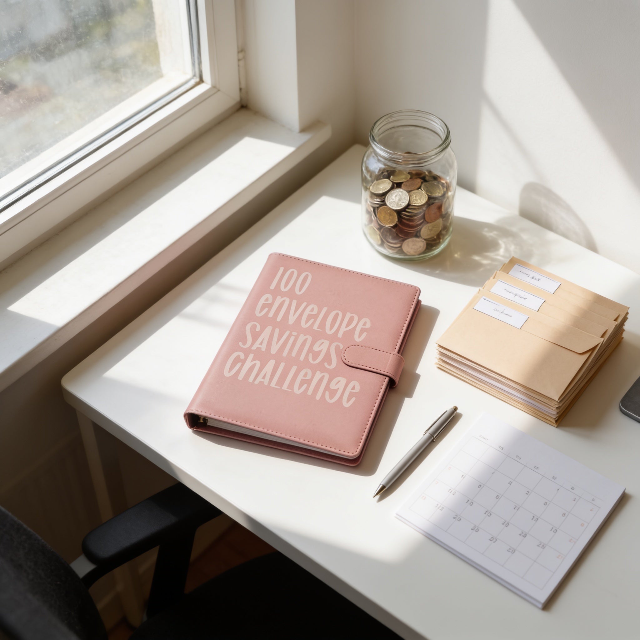 Pink 100 envelope savings challenge planner with coins, envelopes, and calendar on sunny desk