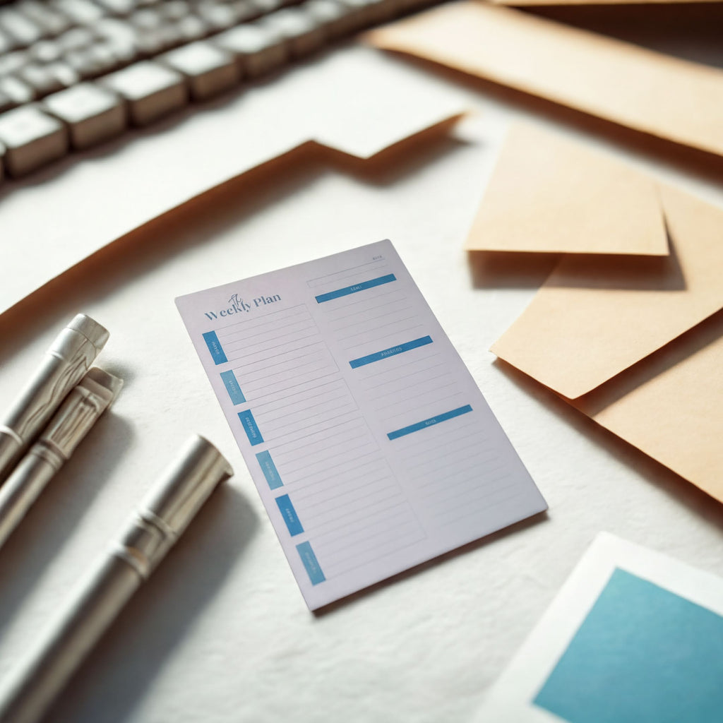 a desk with a white notepad, pens, and envelopes, along with a keyboard in the background.