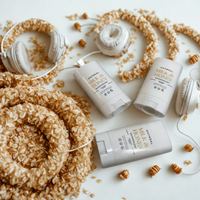 a collection of items related to honey and oatmeal, including two white deodorant sticks, a pair of white headphones, and some honeycomb-like objects.