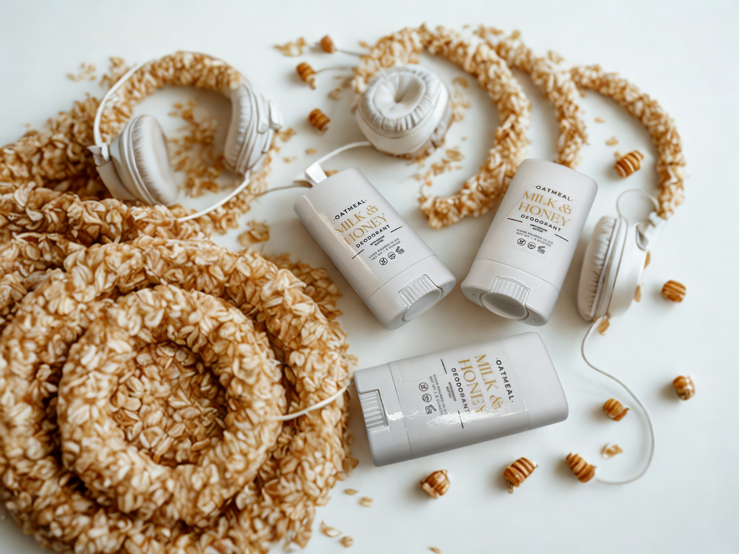 a collection of items related to honey and oatmeal, including two white deodorant sticks, a pair of white headphones, and some honeycomb-like objects.