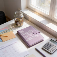 a desk with various items, including a jar filled with coins, a purple notebook, a pen, a calculator, and a calendar.