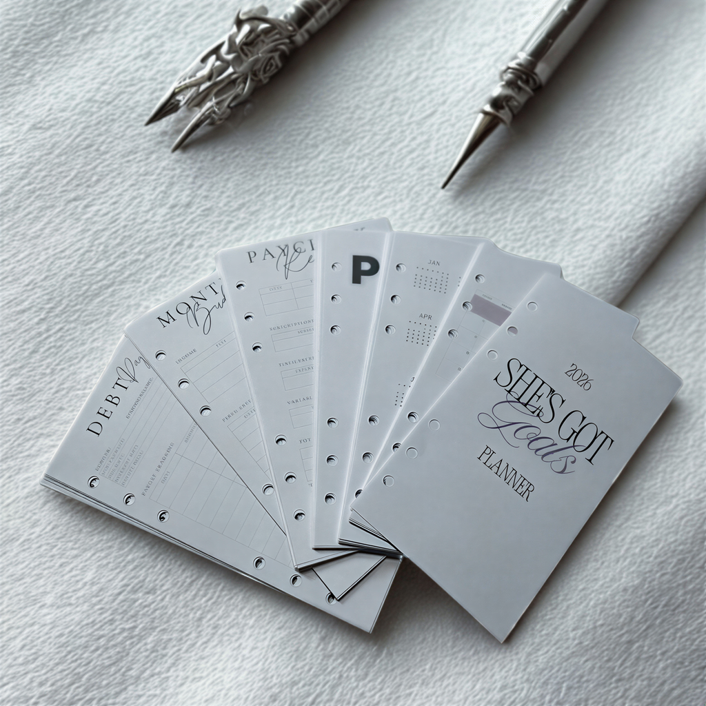 A collection of planners and pens arranged on a white surface, with the focus on the planners and pens.
