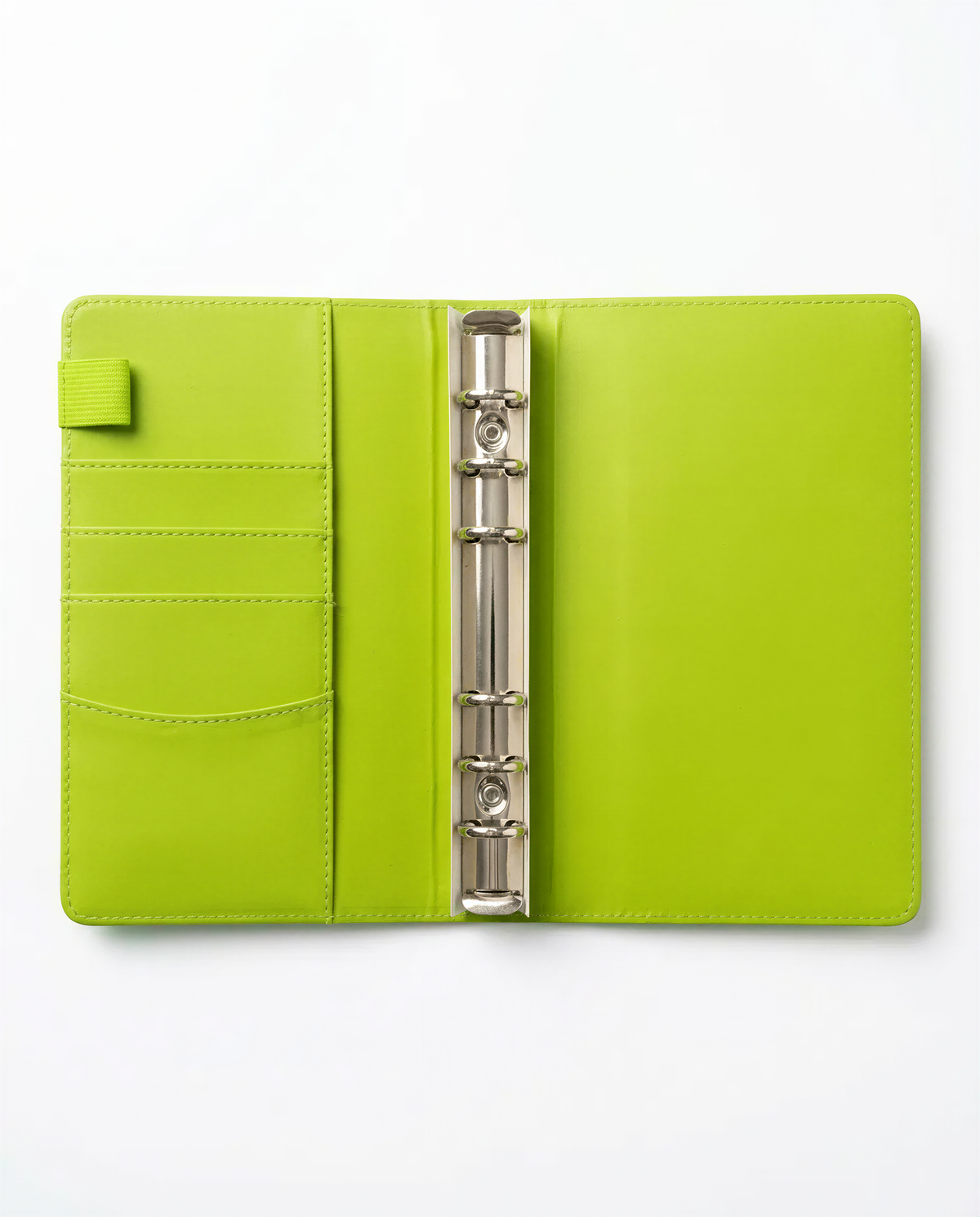 A bright green leather binder with a metal ring on the spine, placed on a white background.