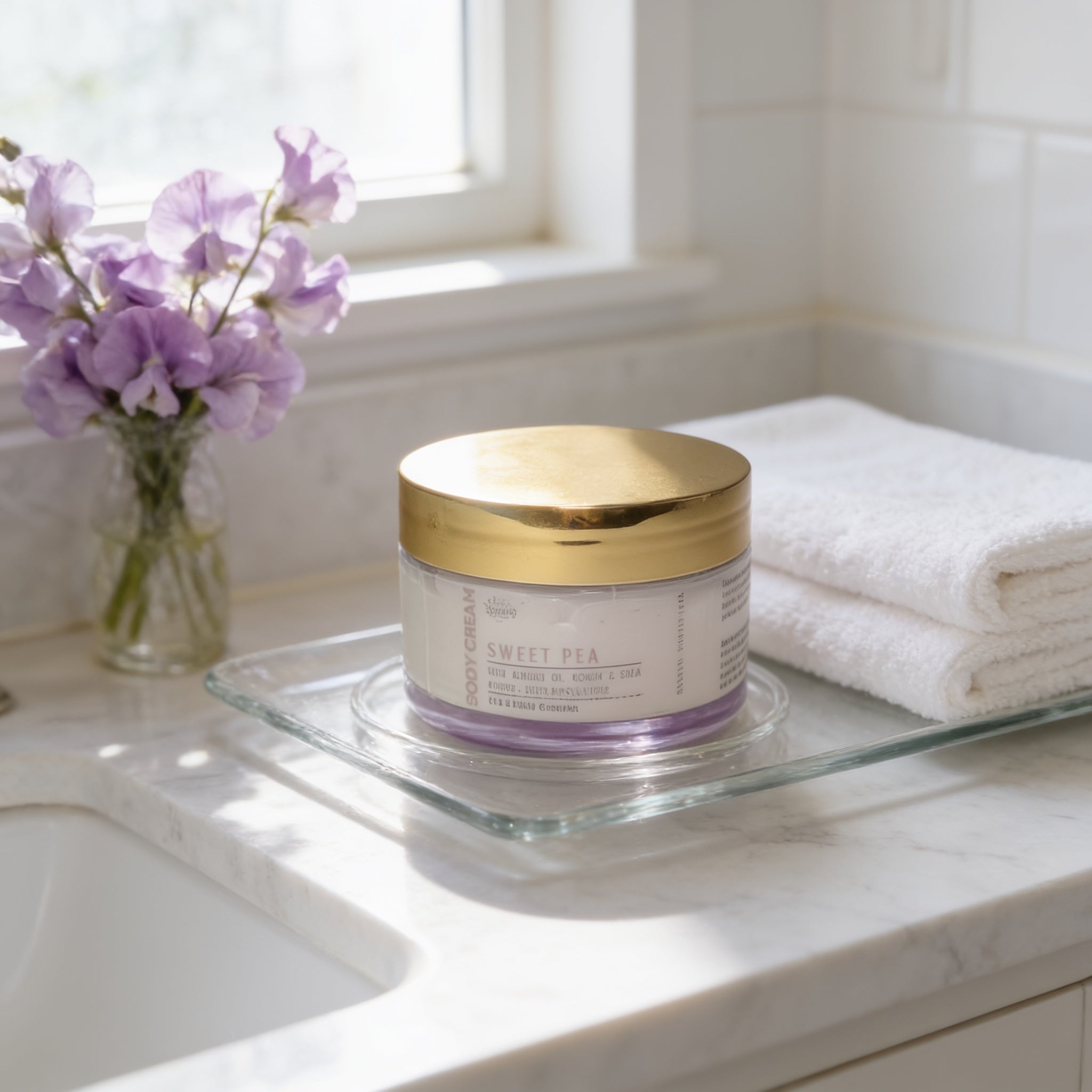A jar of "Sweet Pea" body cream sits on a glass tray next to a vase of purple flowers and a folded white towel on a white countertop.