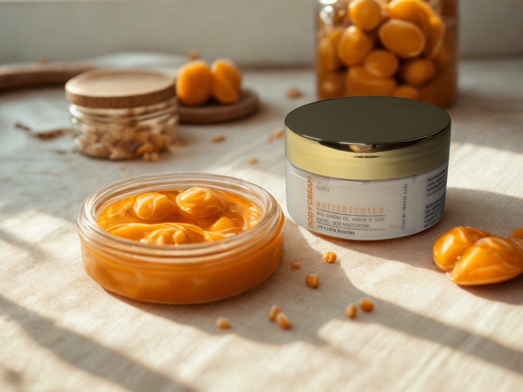 a jar of orange-colored substance, possibly a sauce or lotion, surrounded by other jars and containers containing similar orange-colored items, such as candies or jams.