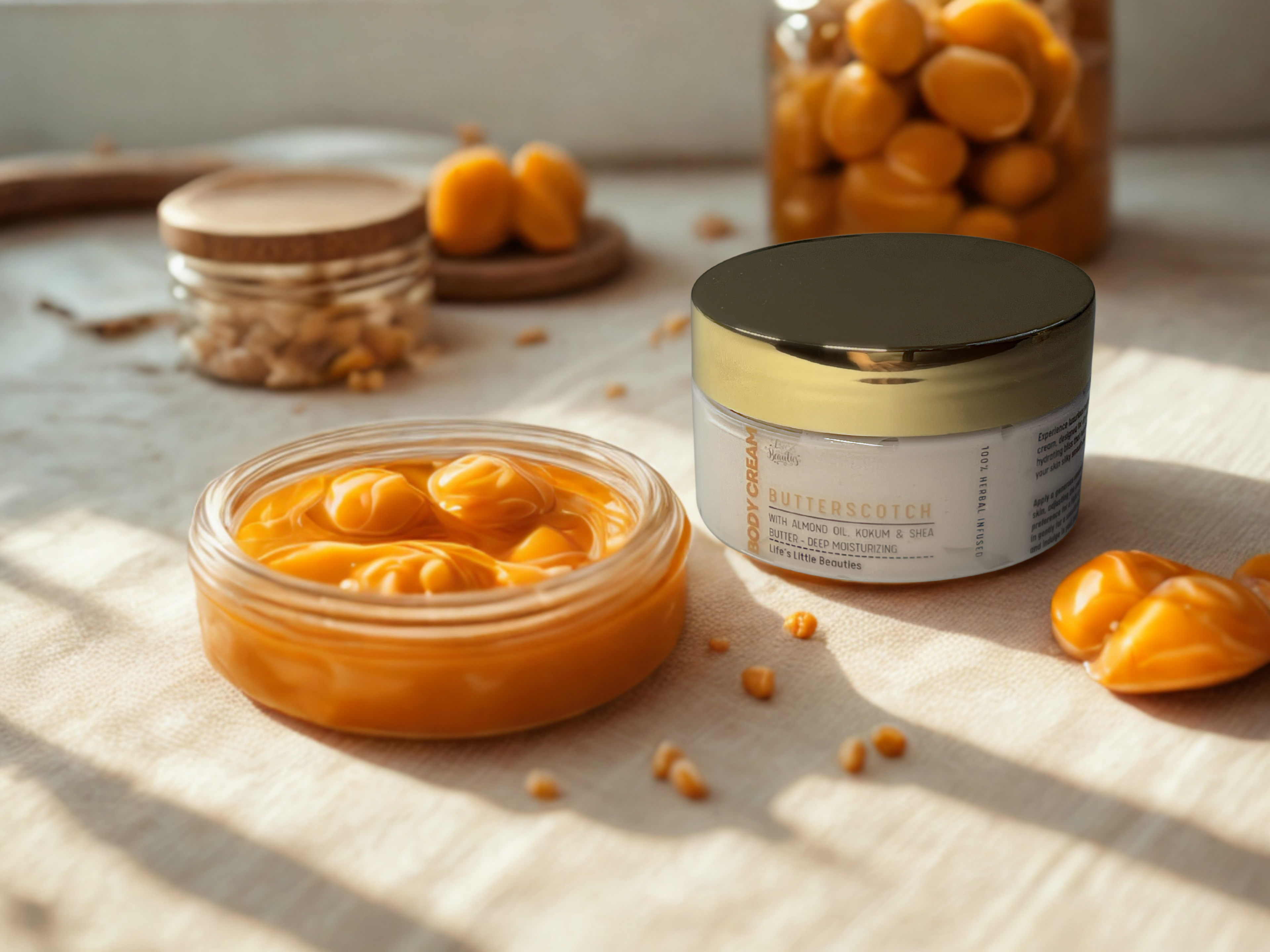 a jar of orange-colored substance, possibly a sauce or lotion, surrounded by other jars and containers containing similar orange-colored items, such as candies or jams.