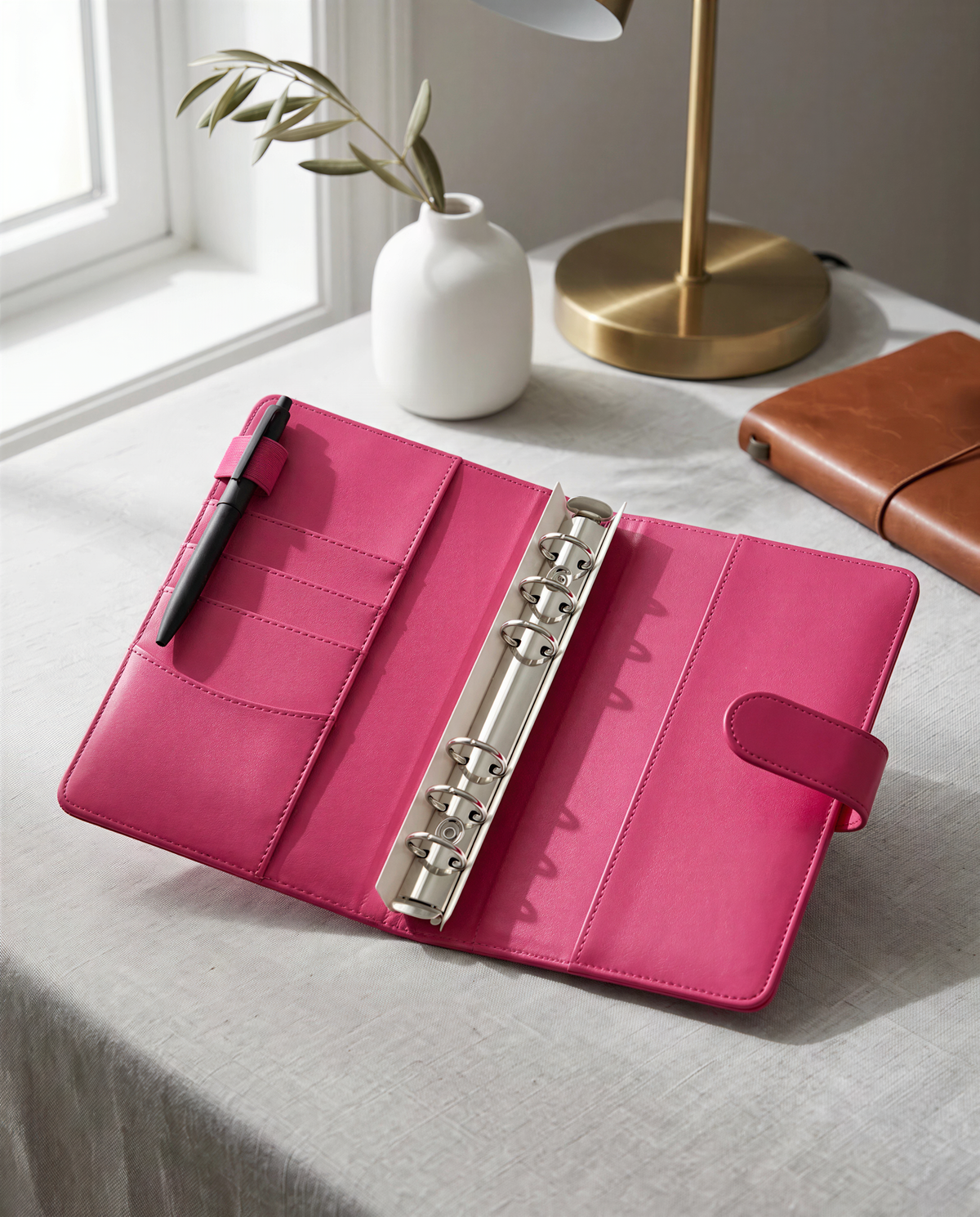 A pink leather binder with a metal ring stand and a pen is placed on a table next to a lamp and a vase.