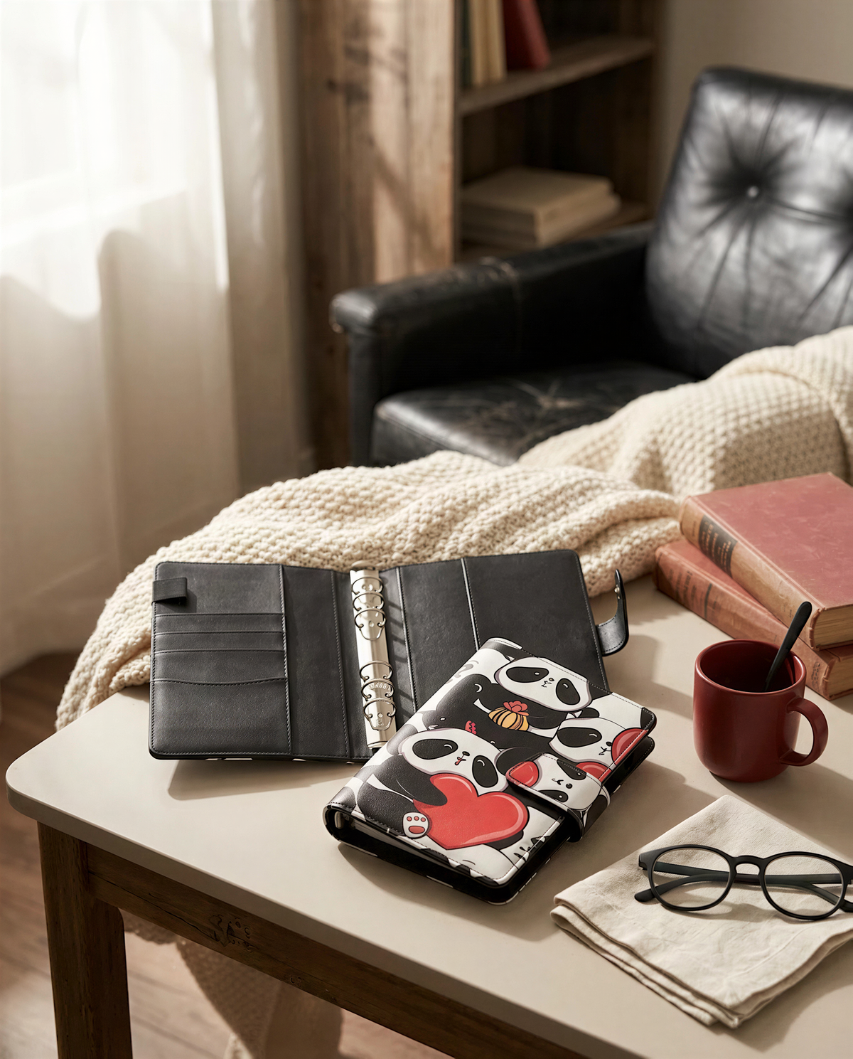 a cozy living room scene with a wooden coffee table, a black leather chair, and various items such as a wallet, glasses, and books.