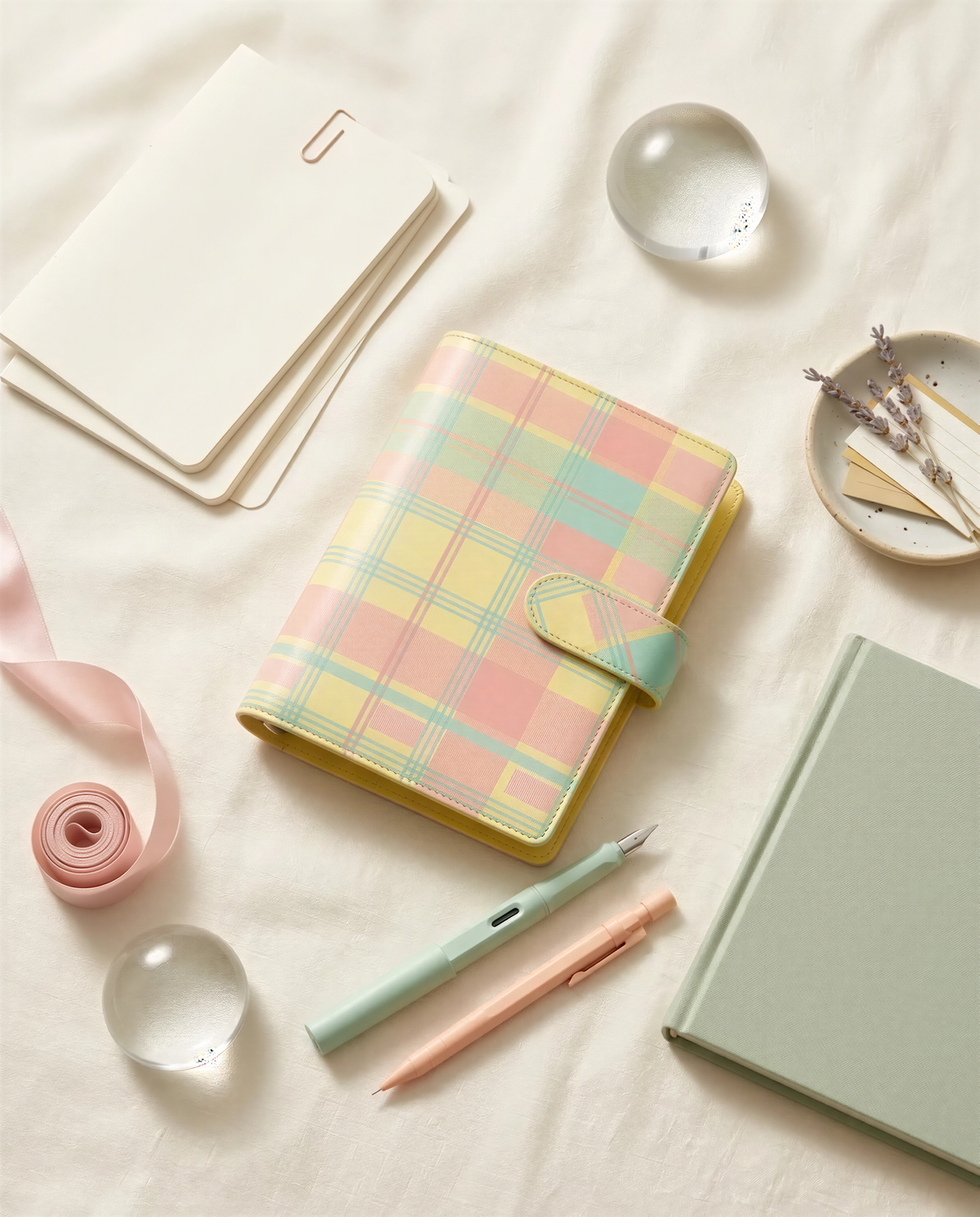 a variety of office and personal items arranged on a white surface, including a notebook, a pen, a glass, and some flowers.