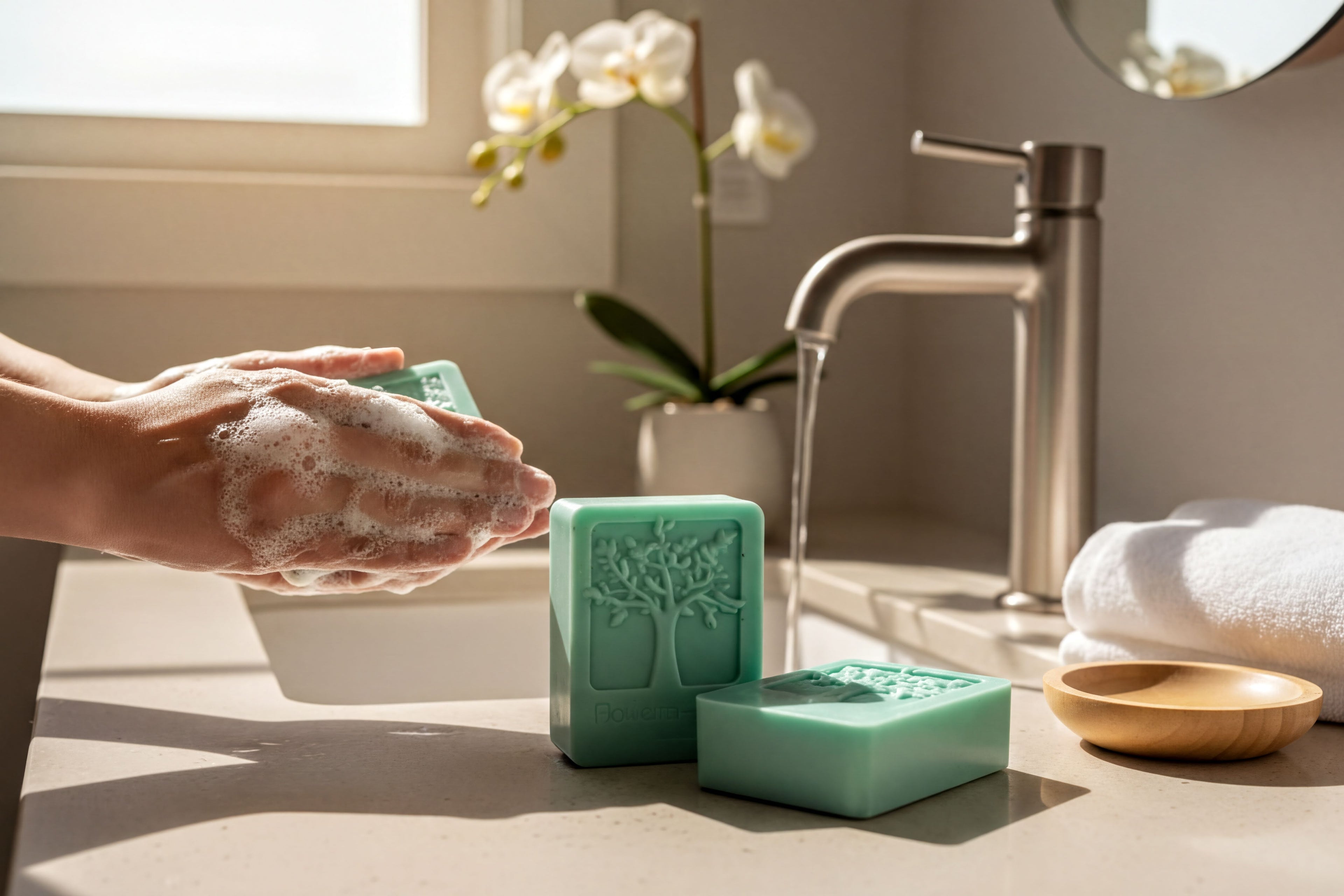 A person's hands are washing their hands with a green bar of soap, with a wooden bowl and a plant in the background.