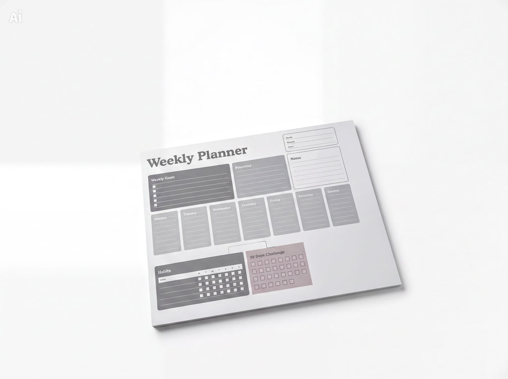 a white weekly planner with a calendar and a list of daily goals.