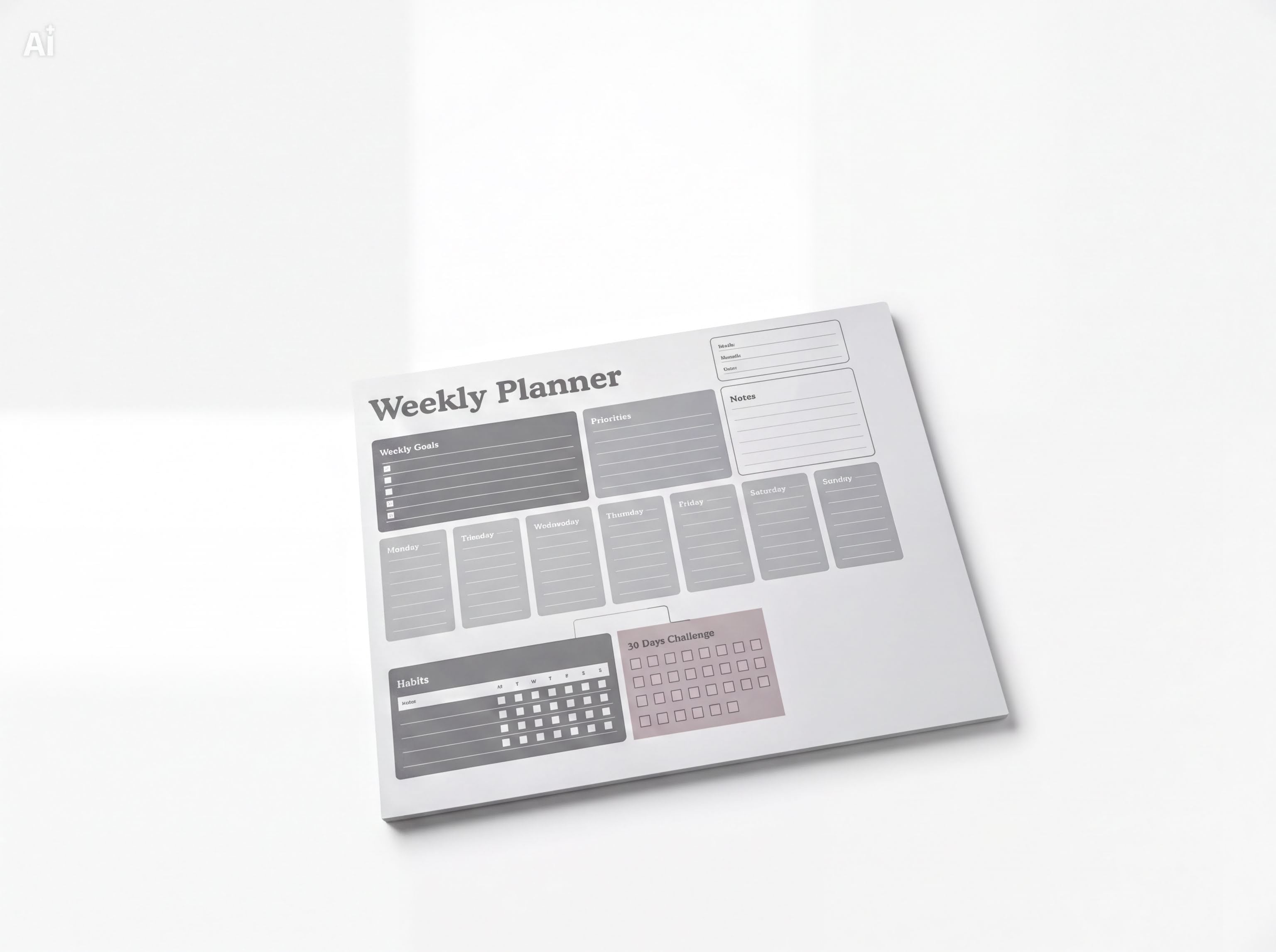 a white weekly planner with a calendar and a list of daily goals.