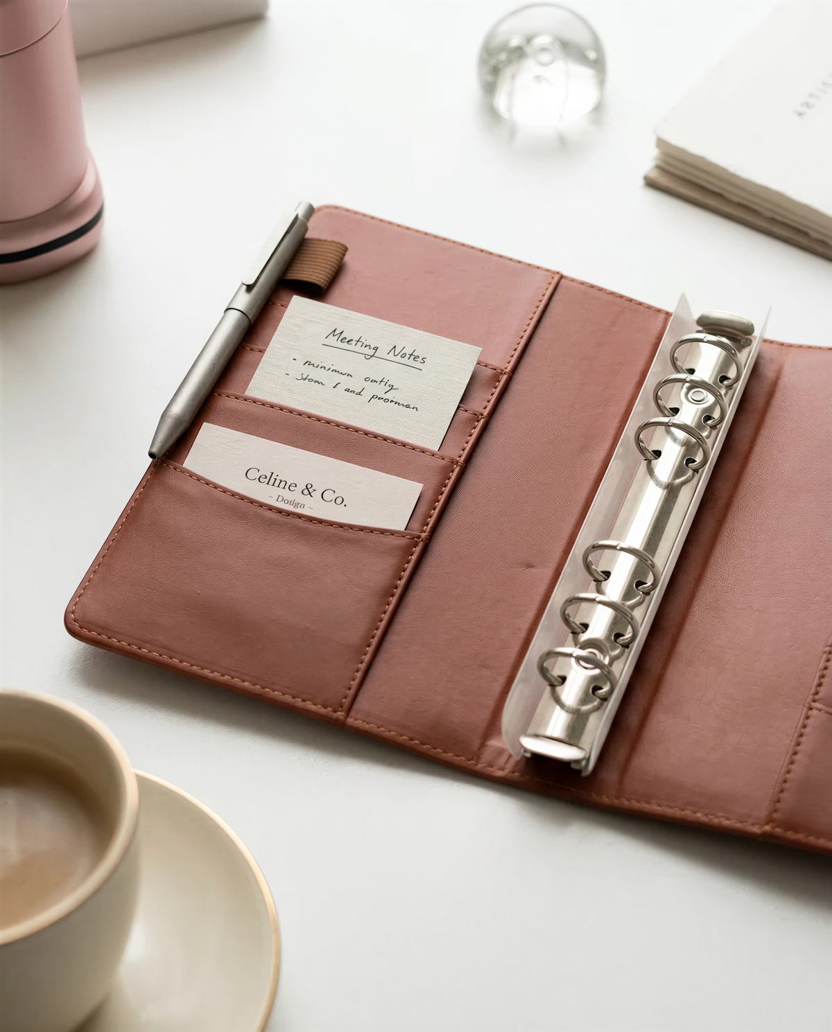 a pink leather binder with a pen and a business card, placed on a white surface alongside a cup of coffee and a glass.