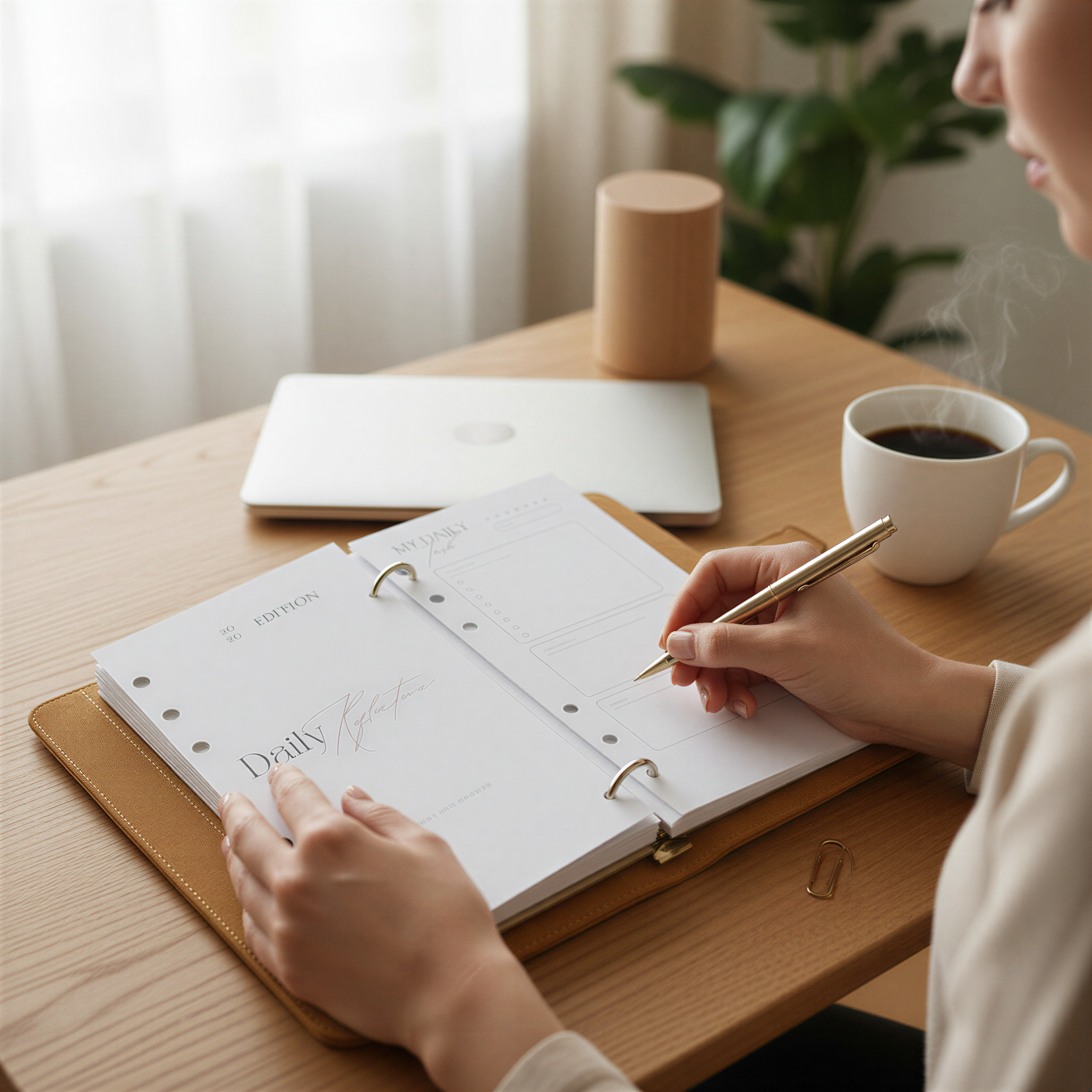 A person is sitting at a desk, writing in a notebook with a pen, while a laptop and a cup of coffee are nearby.