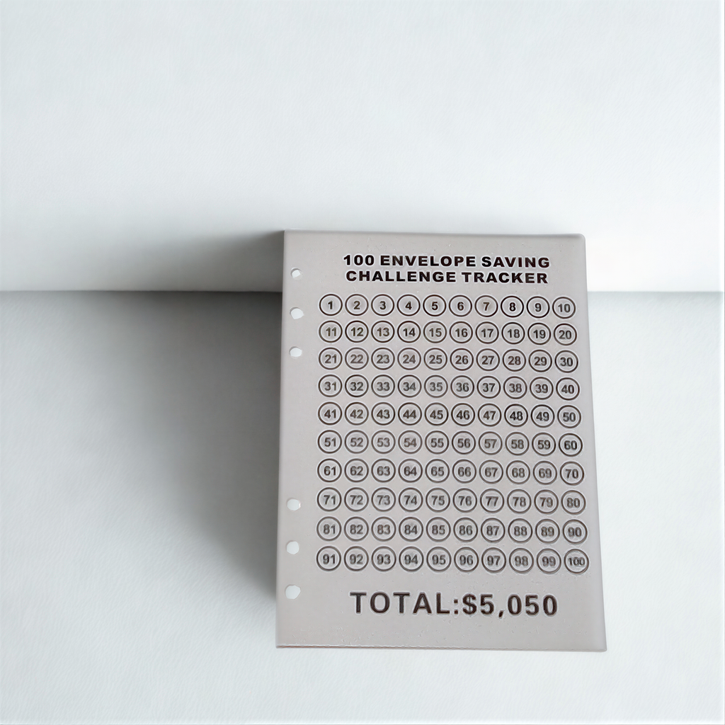 100 Envelope Saving Challenge Tracker with numbered circles and $5,050 total, minimalist design