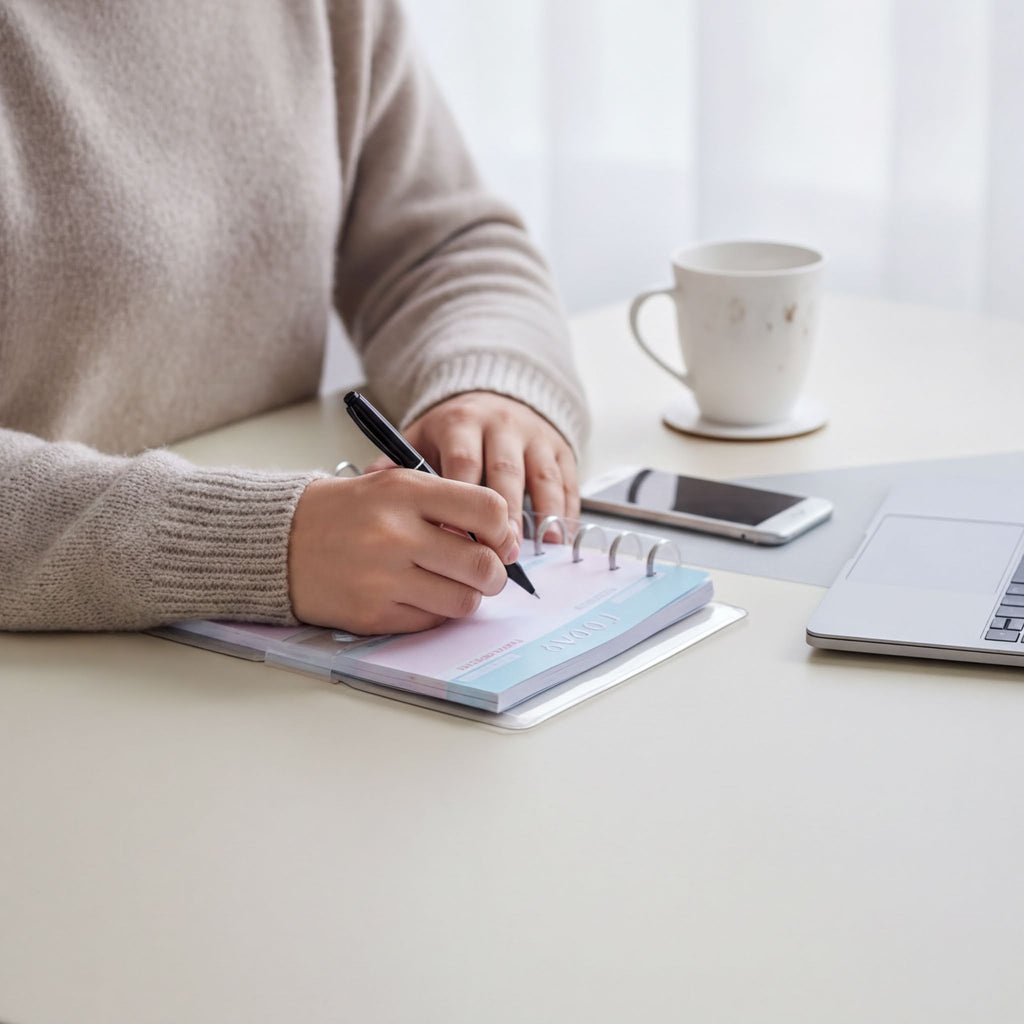 A person is sitting at a desk, writing in a notebook with a pen, while a laptop and a coffee cup are also present on the desk.