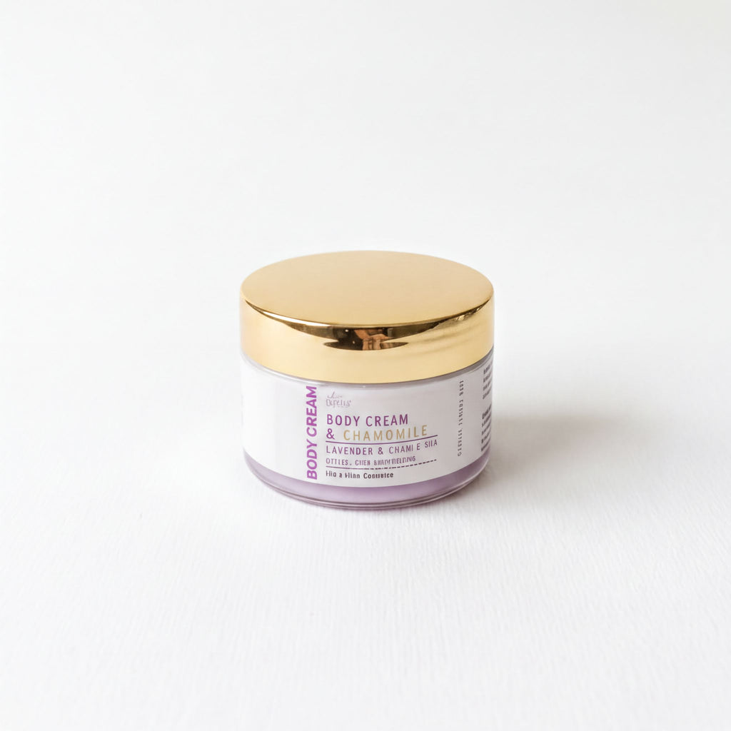 A jar of body cream with a gold lid, sitting on a white background.