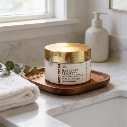 A jar of Mahogany Teakwood Body Cream with Jojoba Oil sits on a wooden tray atop a white marble countertop, accompanied by a white pump bottle and a green plant.